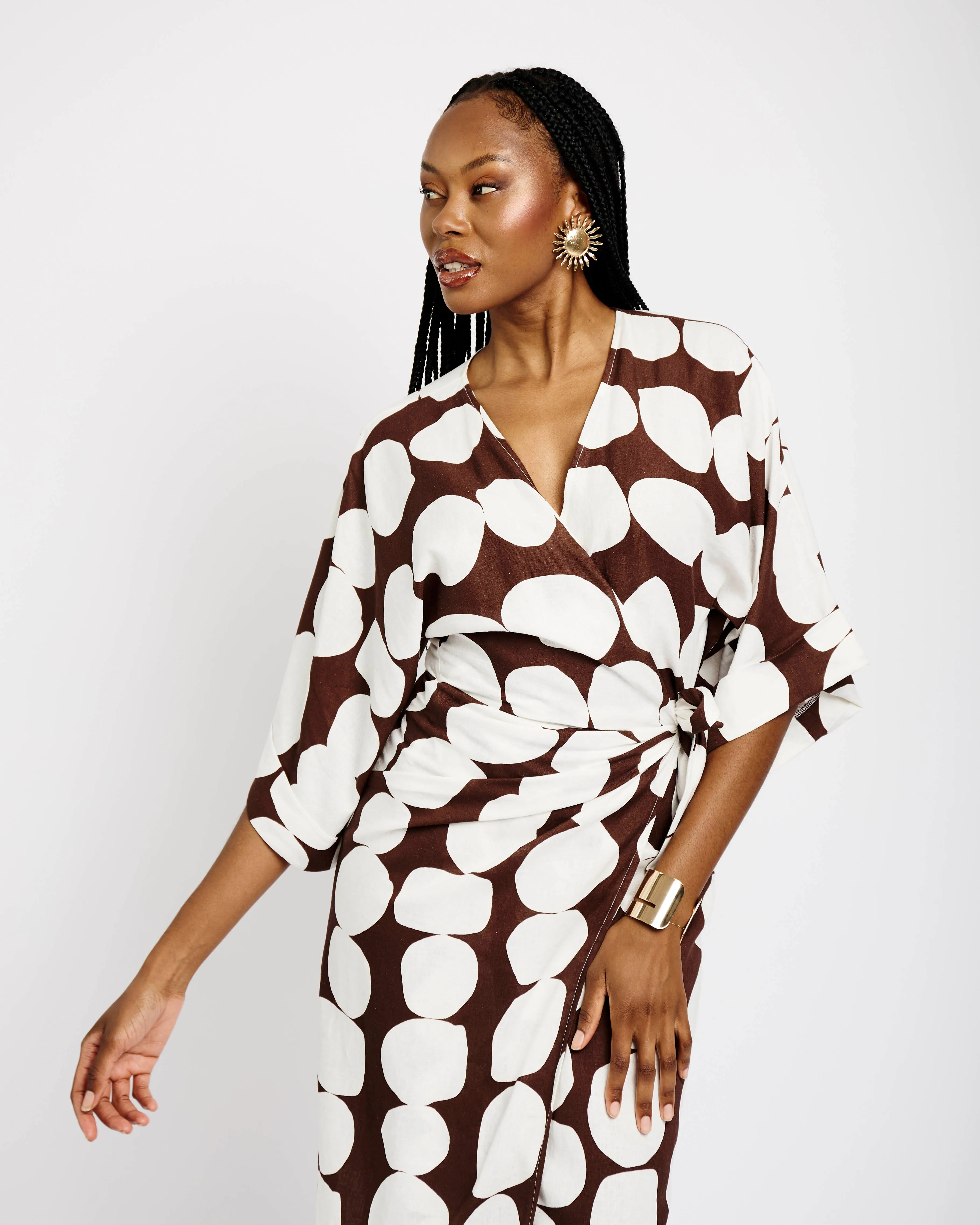 Kimono Sleeve Linen Wrap Dress in Choc Bubble