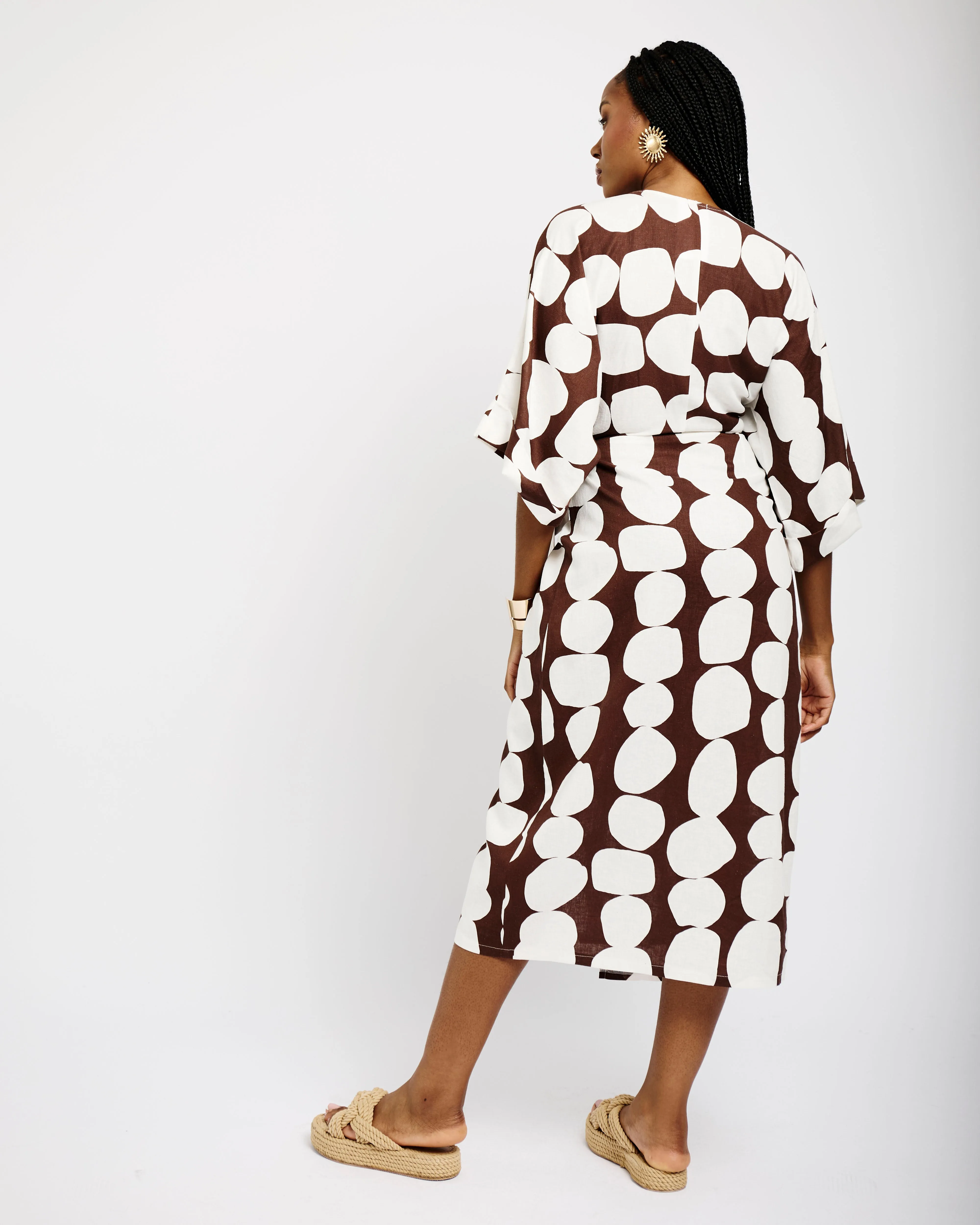 Kimono Sleeve Linen Wrap Dress in Choc Bubble