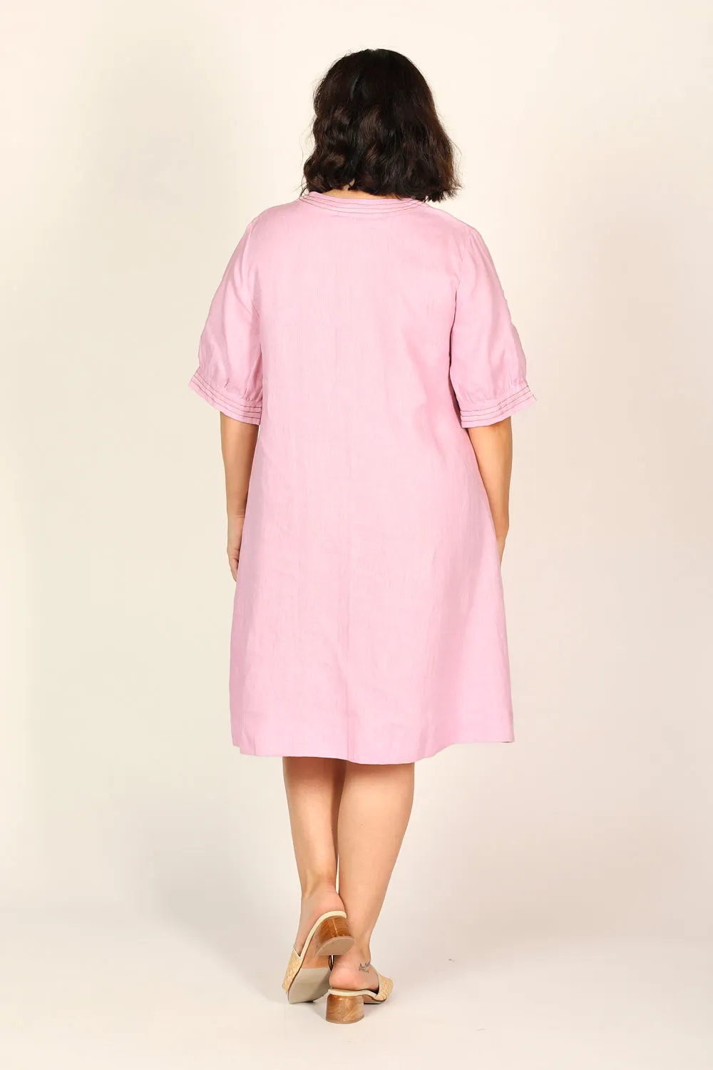 Kora A-Line Puff Sleeve Linen Dress in Peony