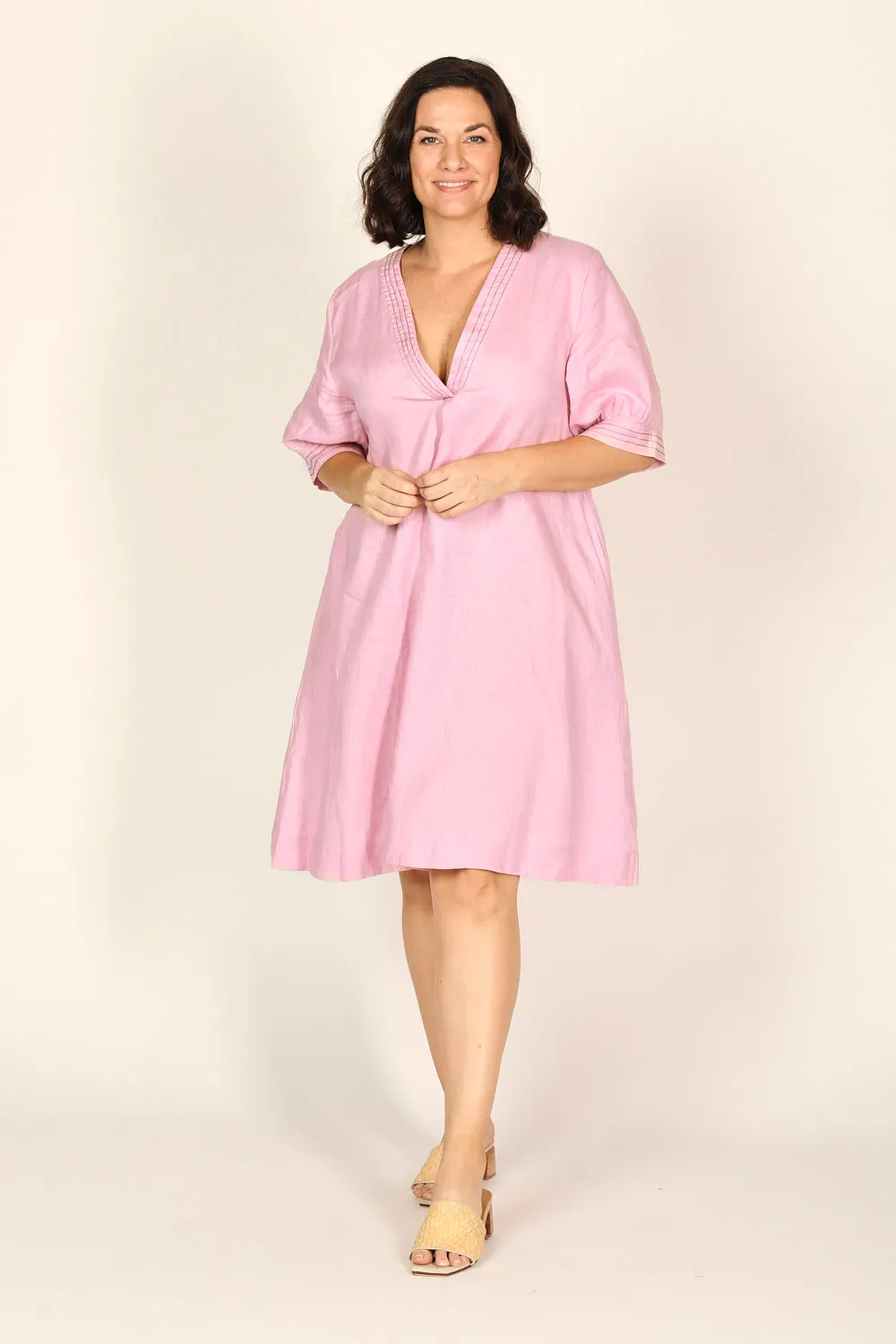 Kora A-Line Puff Sleeve Linen Dress in Peony