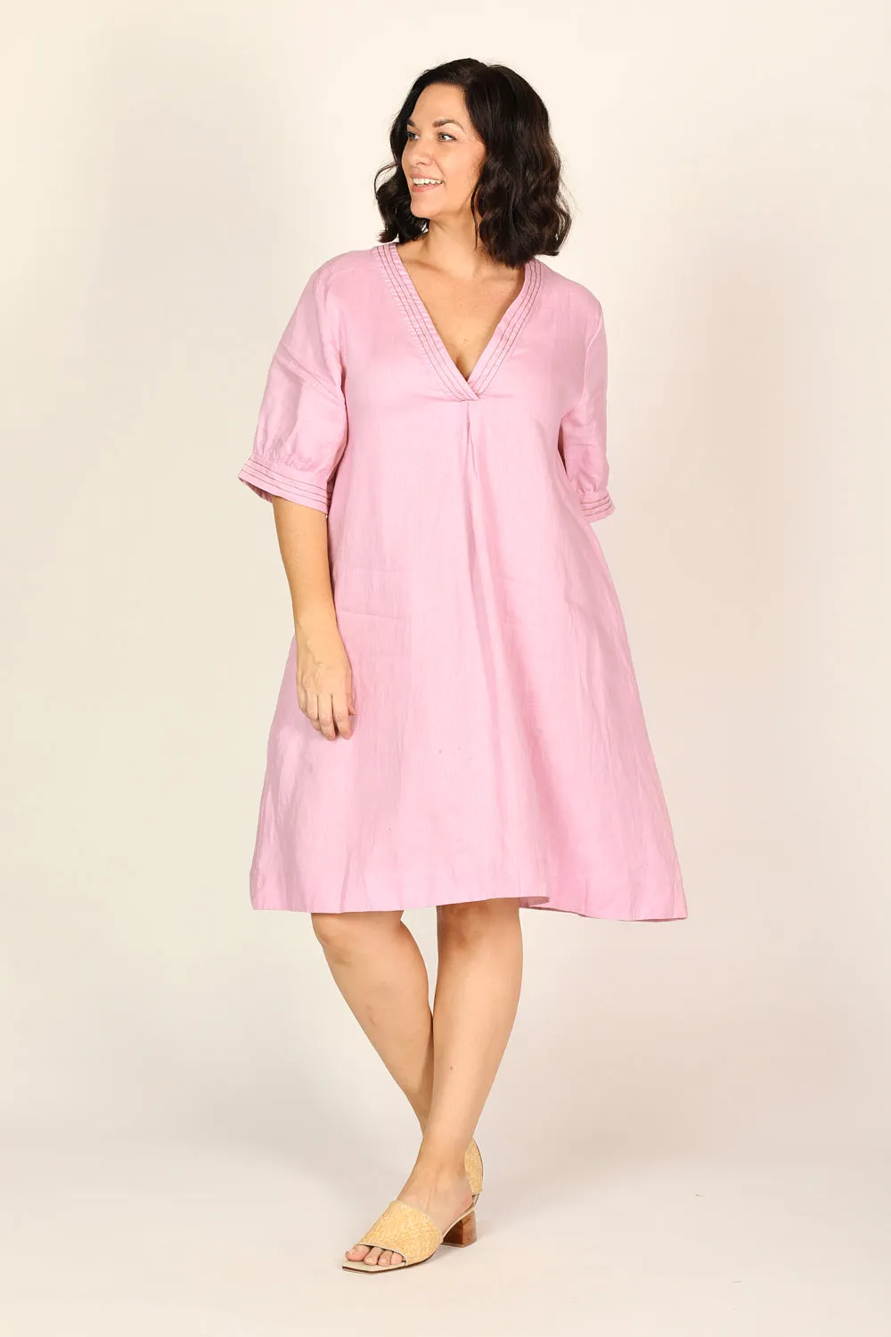 Kora A-Line Puff Sleeve Linen Dress in Peony