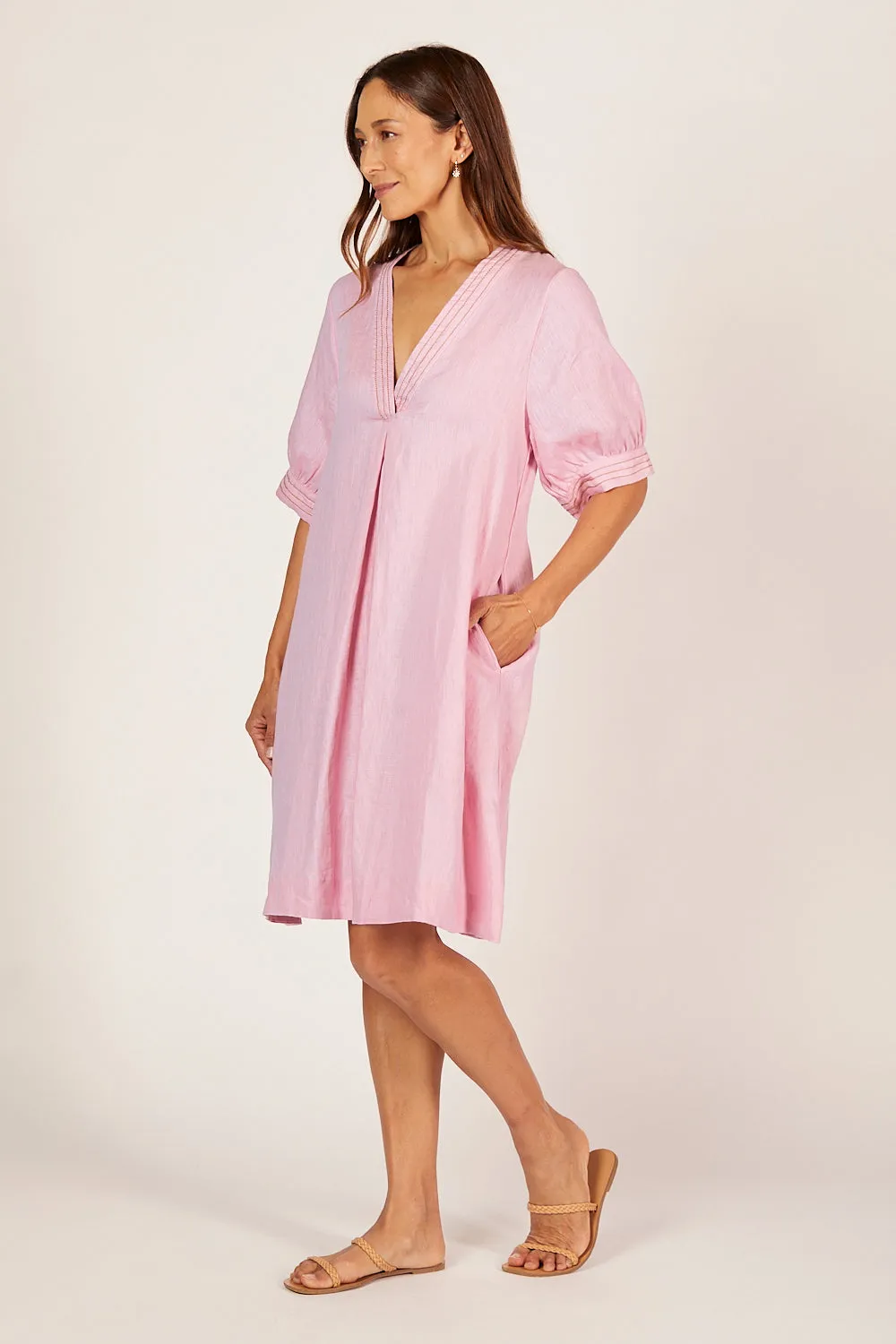 Kora A-Line Puff Sleeve Linen Dress in Peony