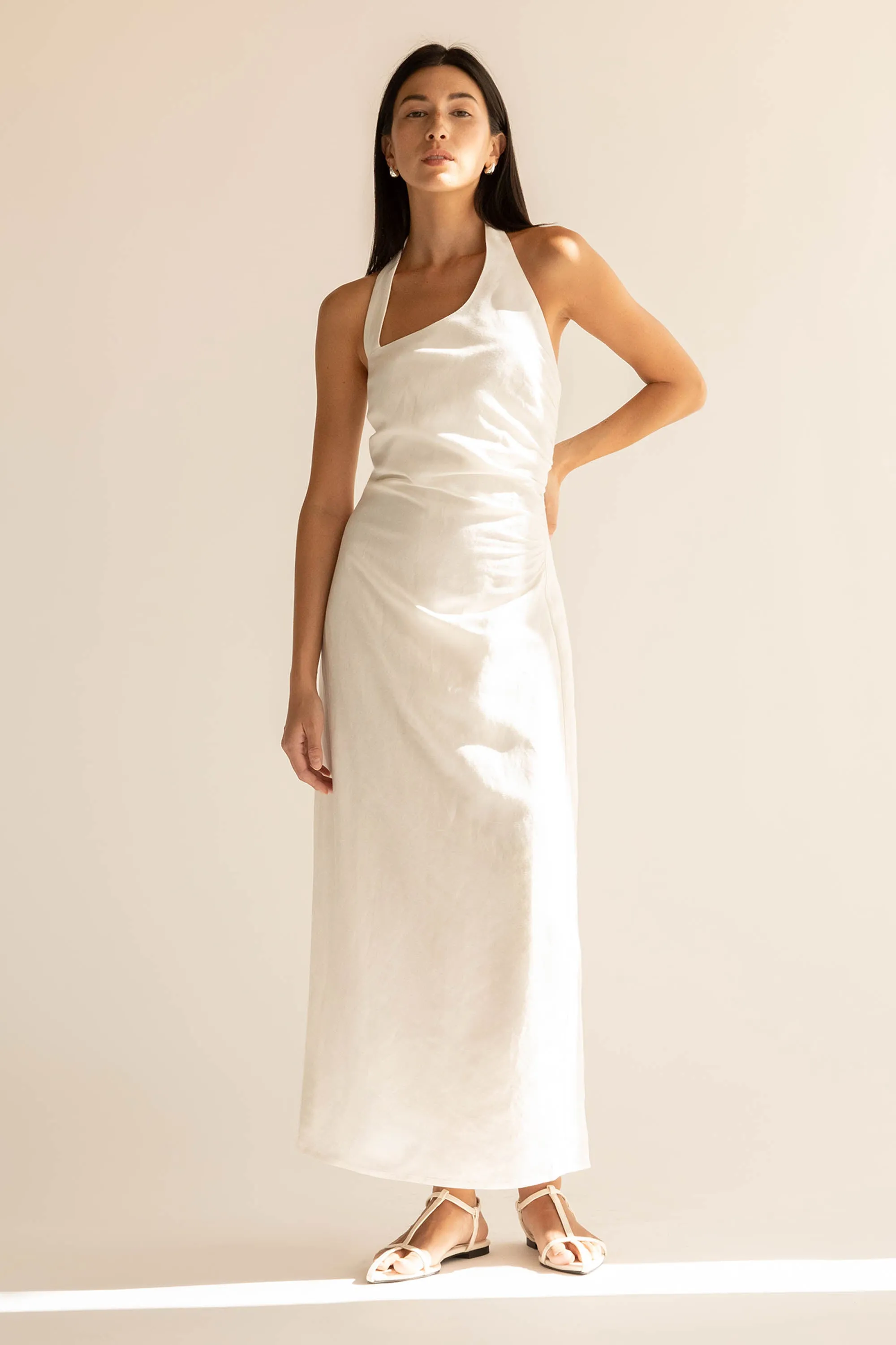 LINEN BLEND ASYMMETRIC HALTER MAXI DRESS