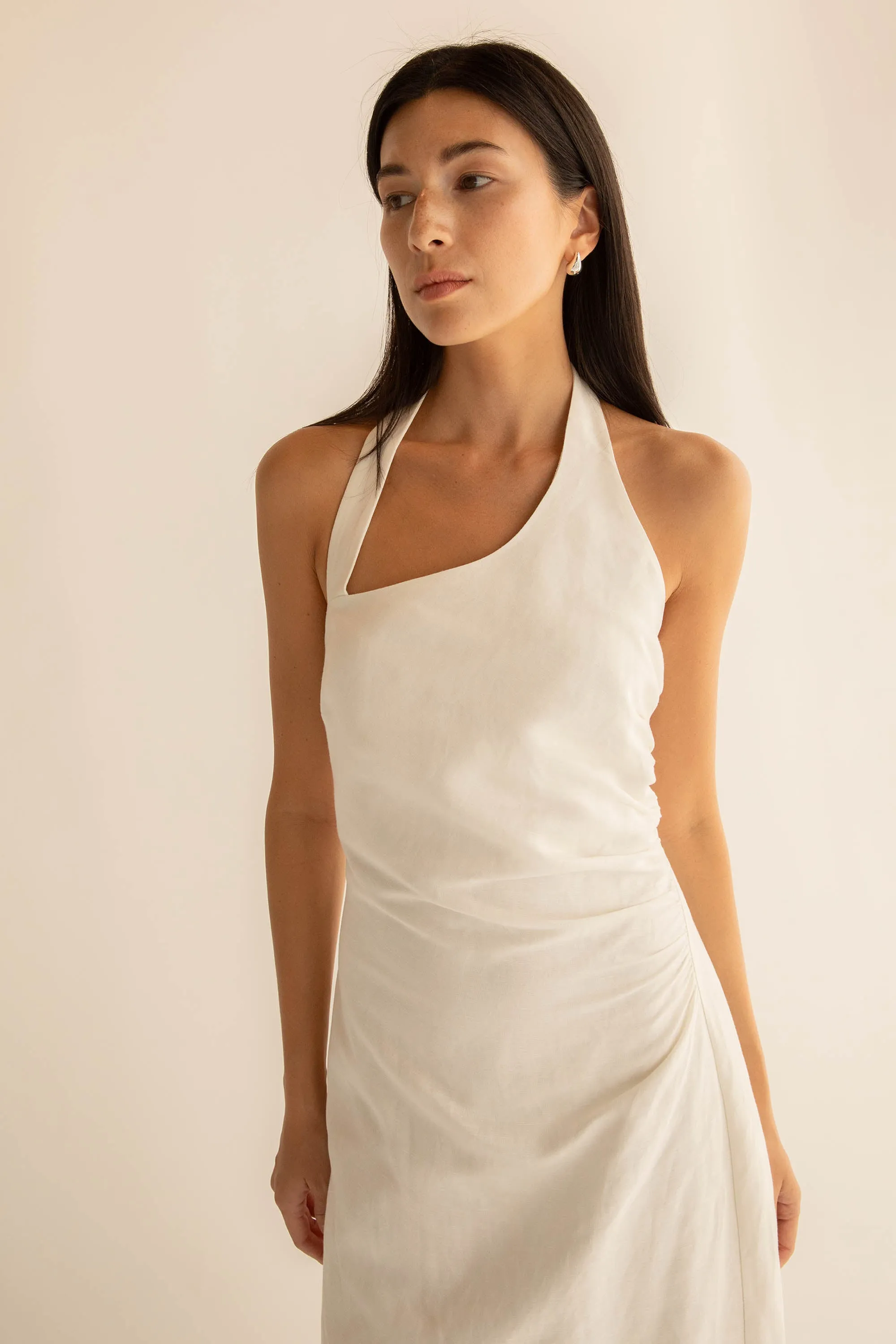 LINEN BLEND ASYMMETRIC HALTER MAXI DRESS