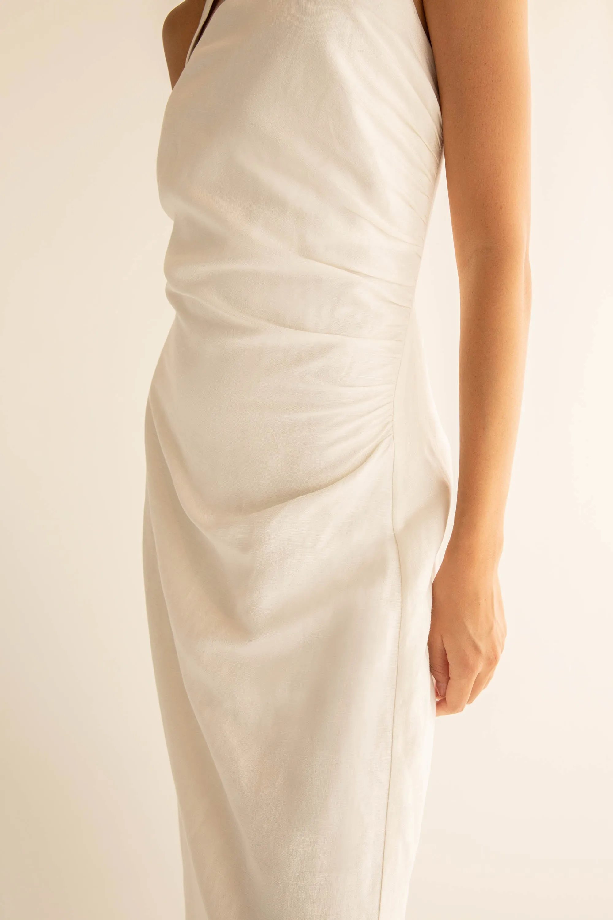 LINEN BLEND ASYMMETRIC HALTER MAXI DRESS