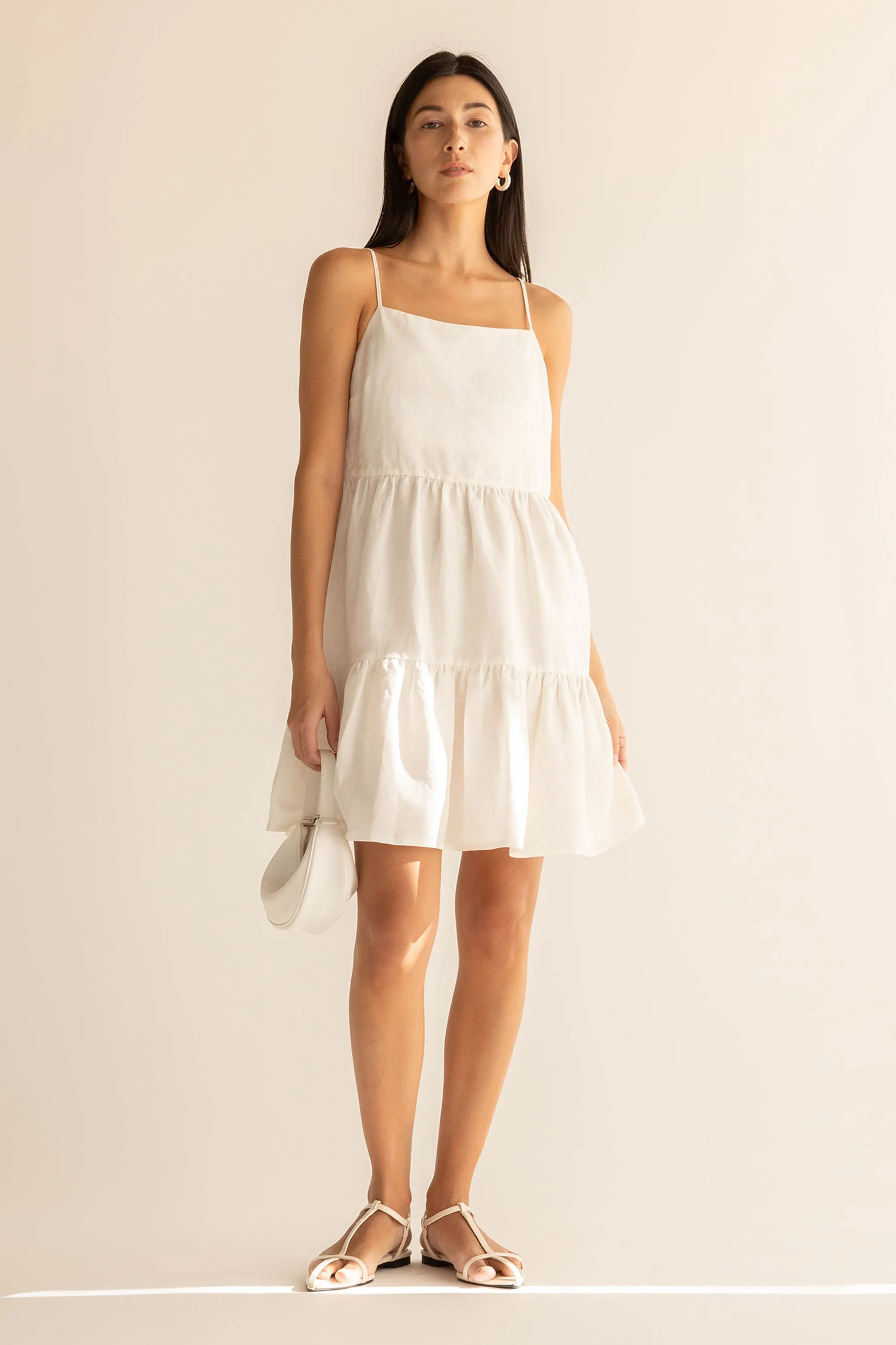 LINEN BLEND TIERED MINI DRESS