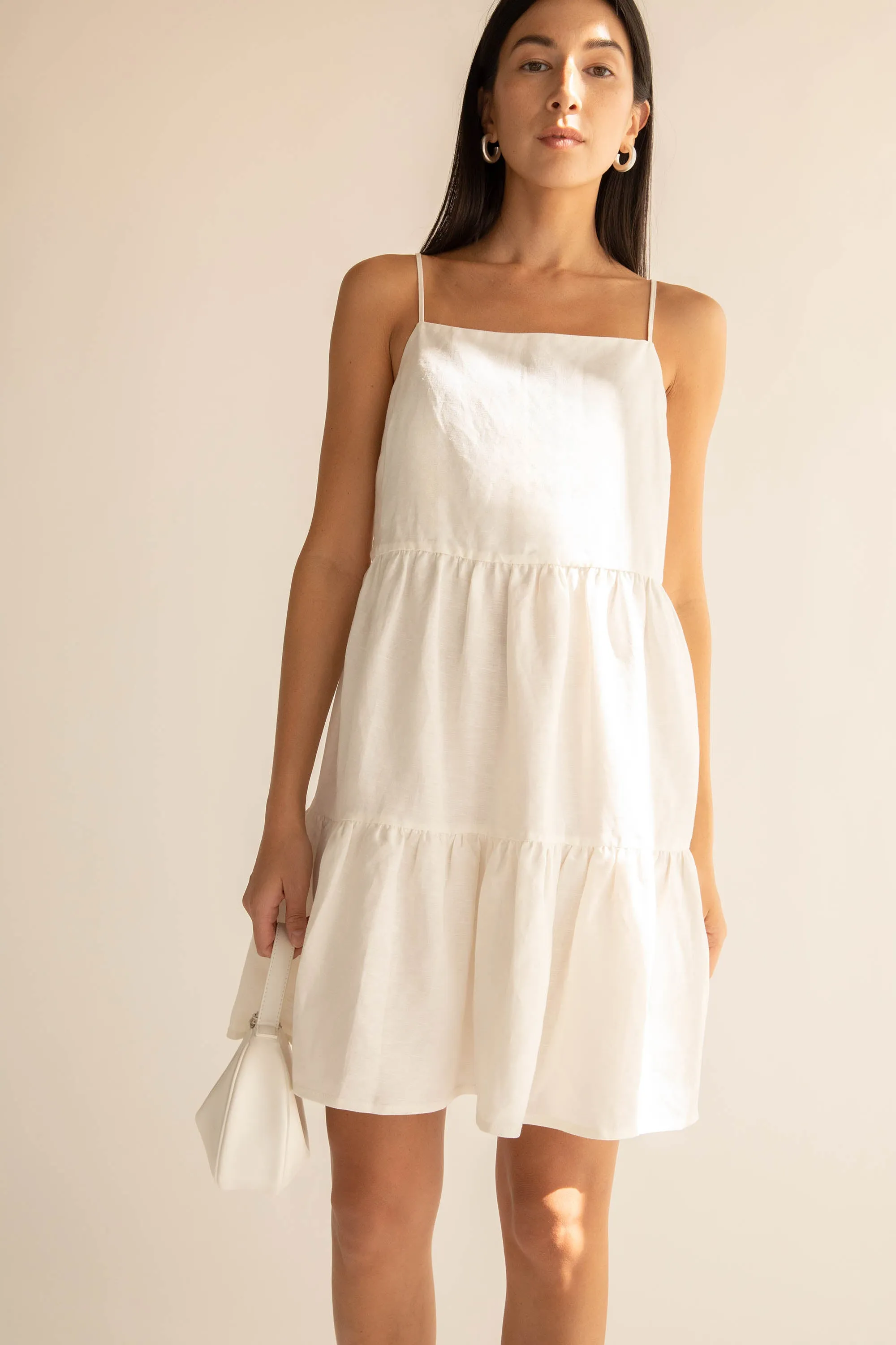 LINEN BLEND TIERED MINI DRESS