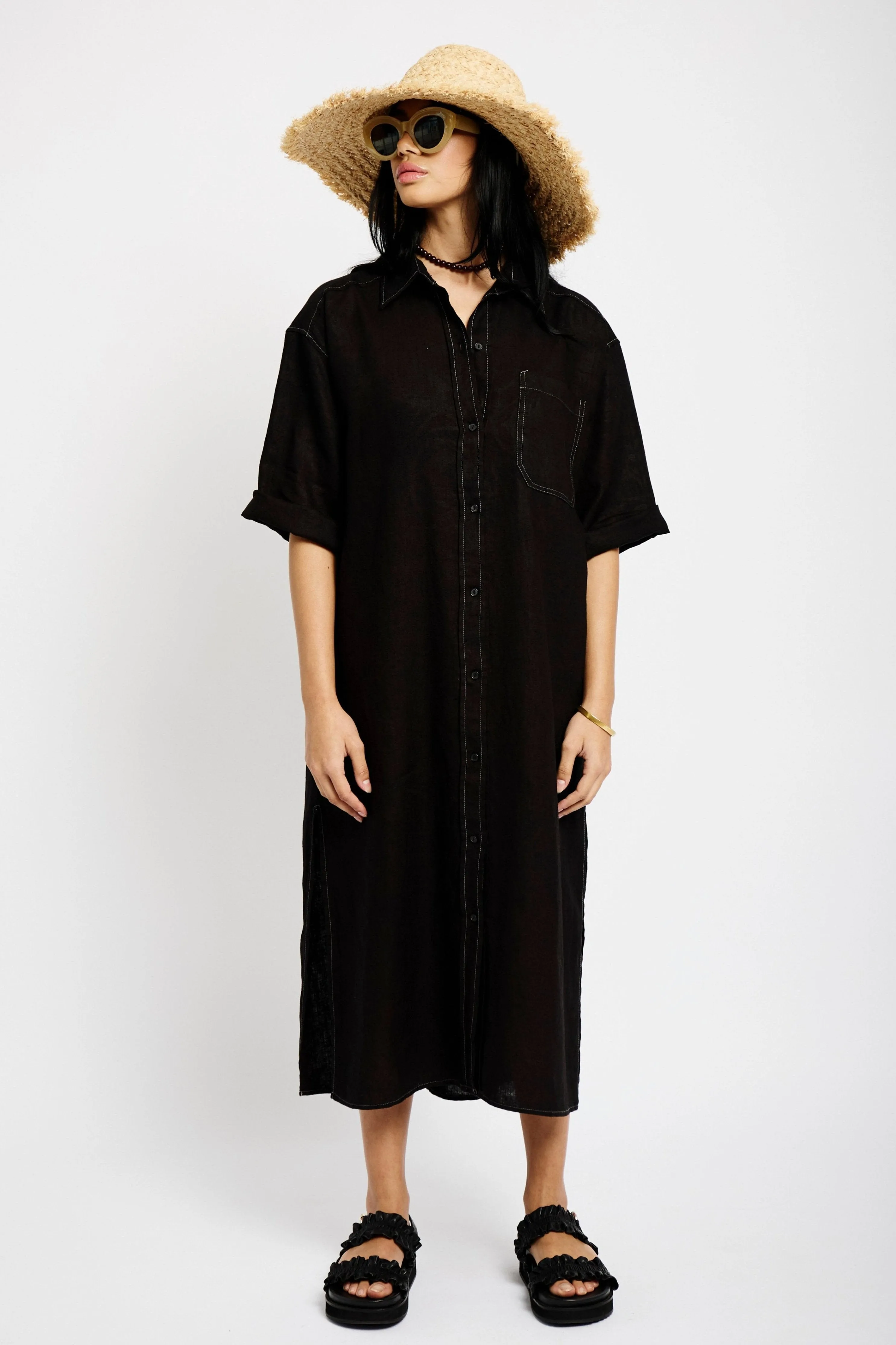 Linen Shirt Dress in Black