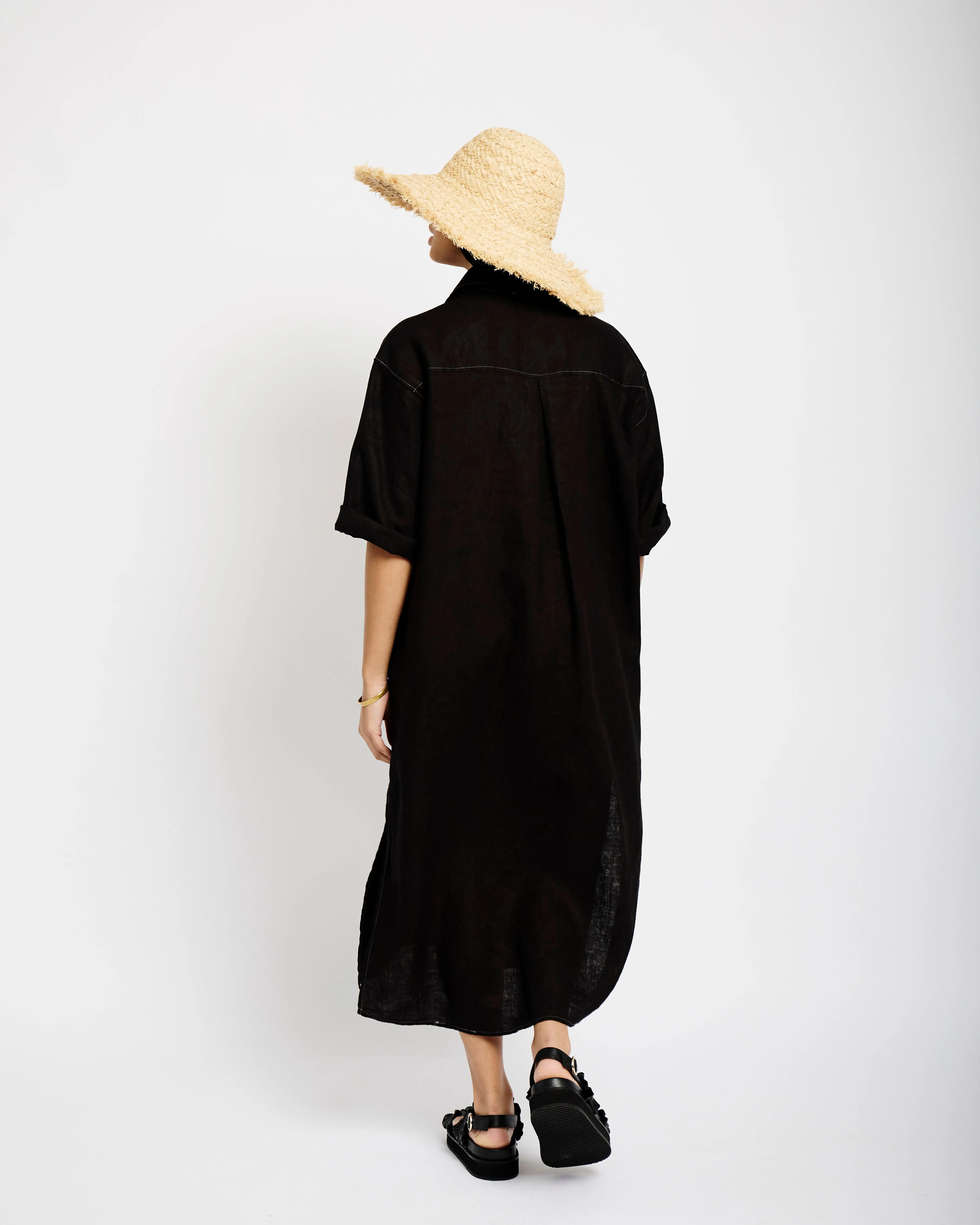 Linen Shirt Dress in Black