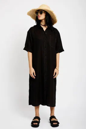 Linen Shirt Dress in Black