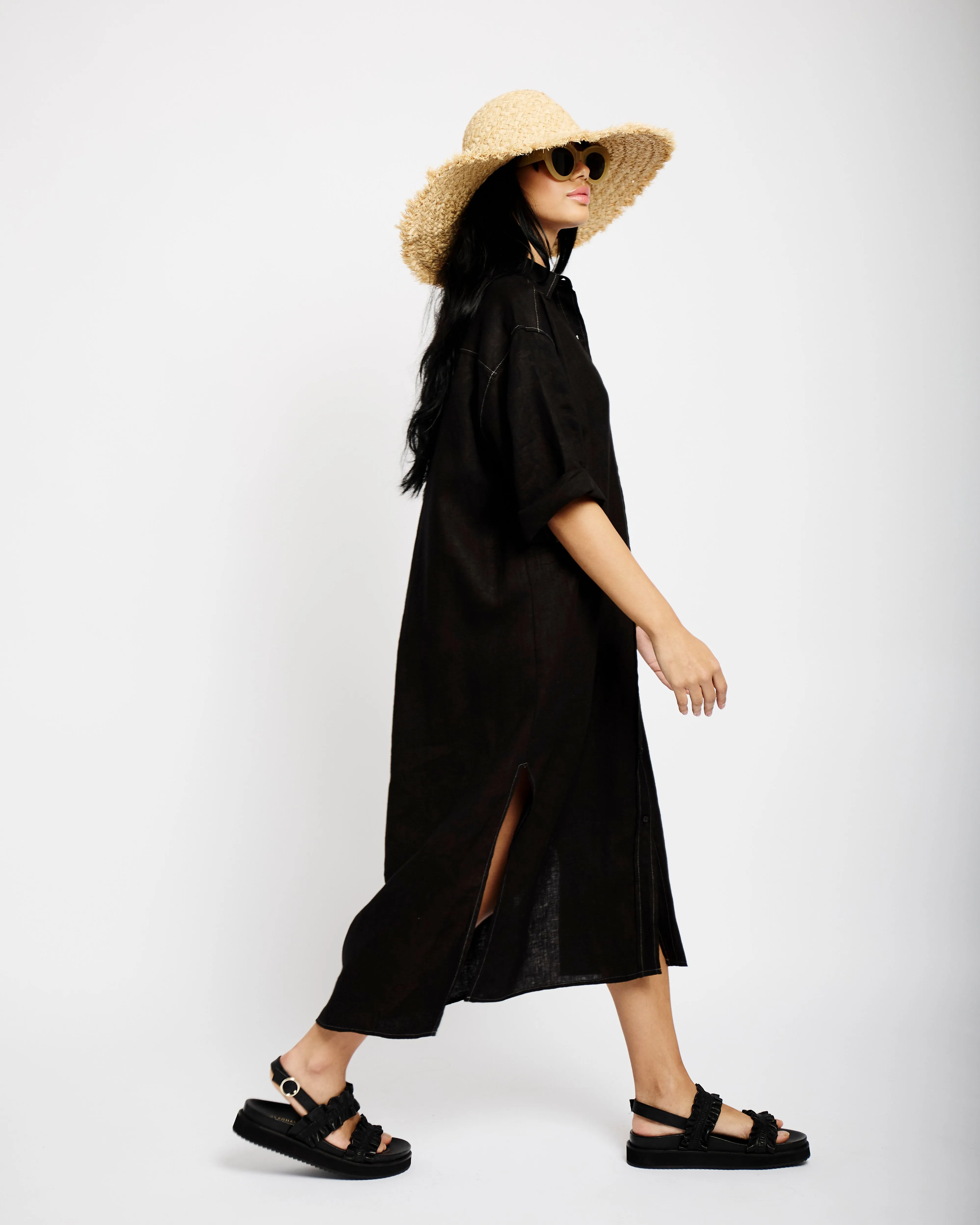 Linen Shirt Dress in Black