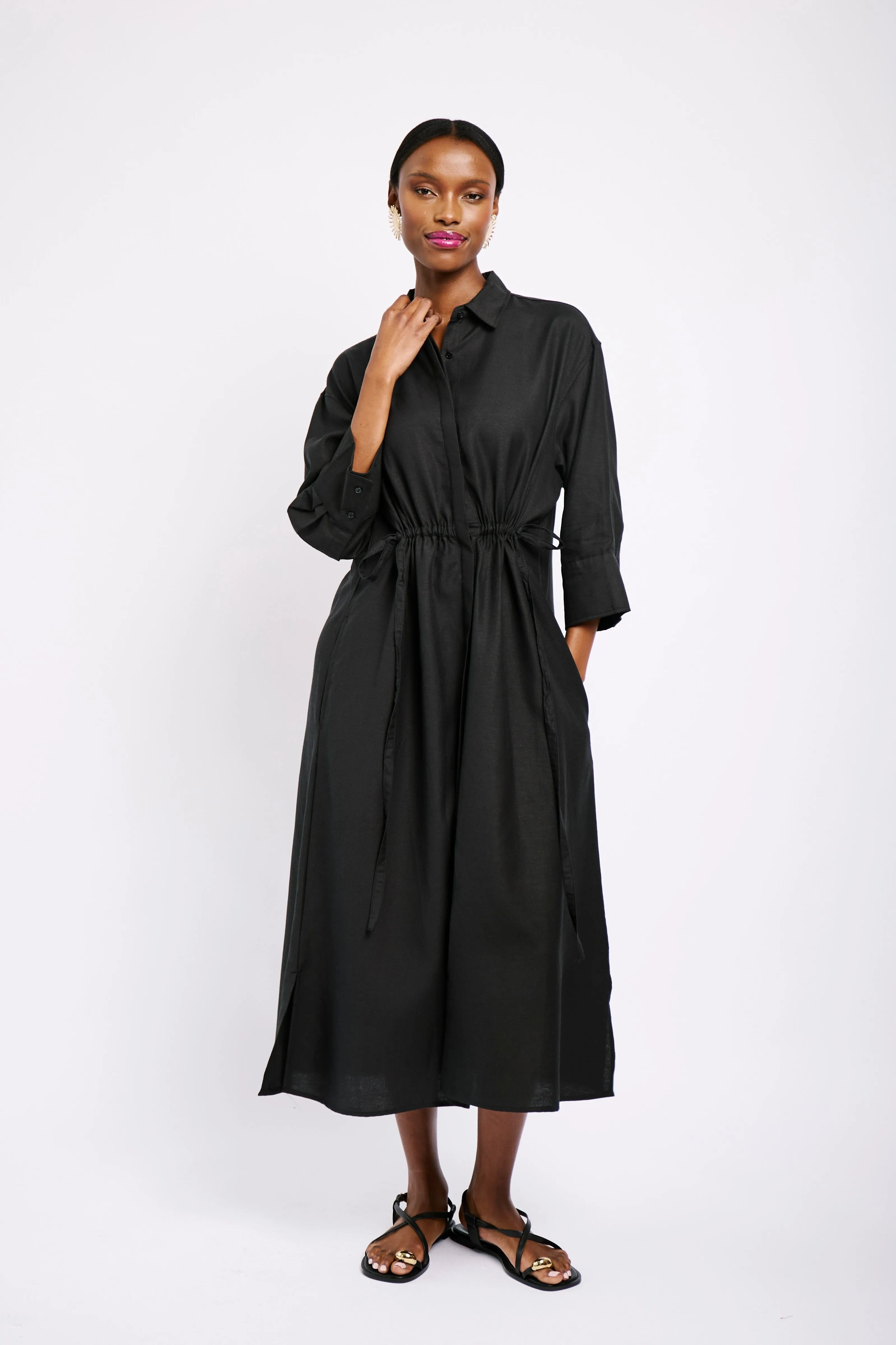 Linen Tunnel Shirt Dress in Black