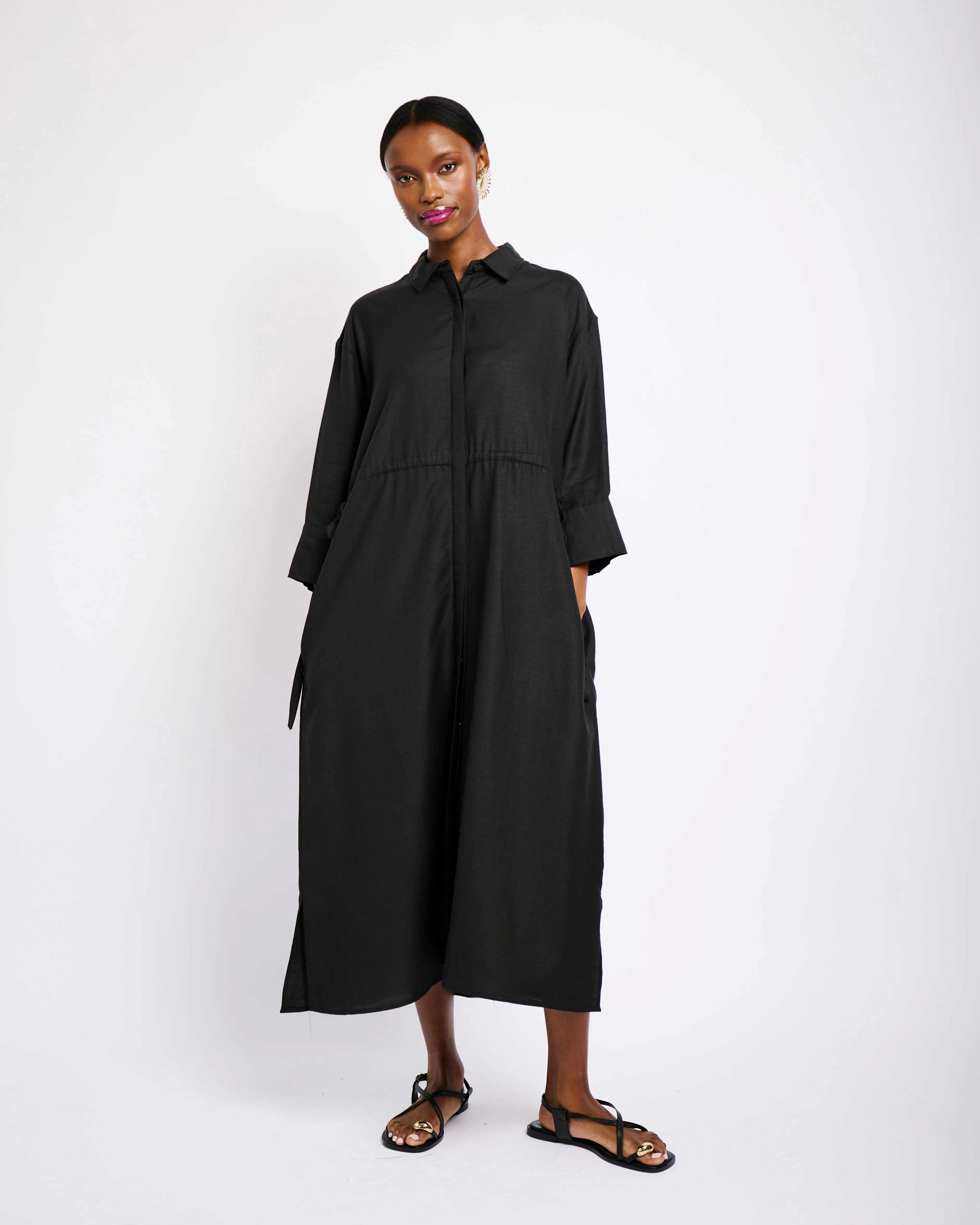 Linen Tunnel Shirt Dress in Black