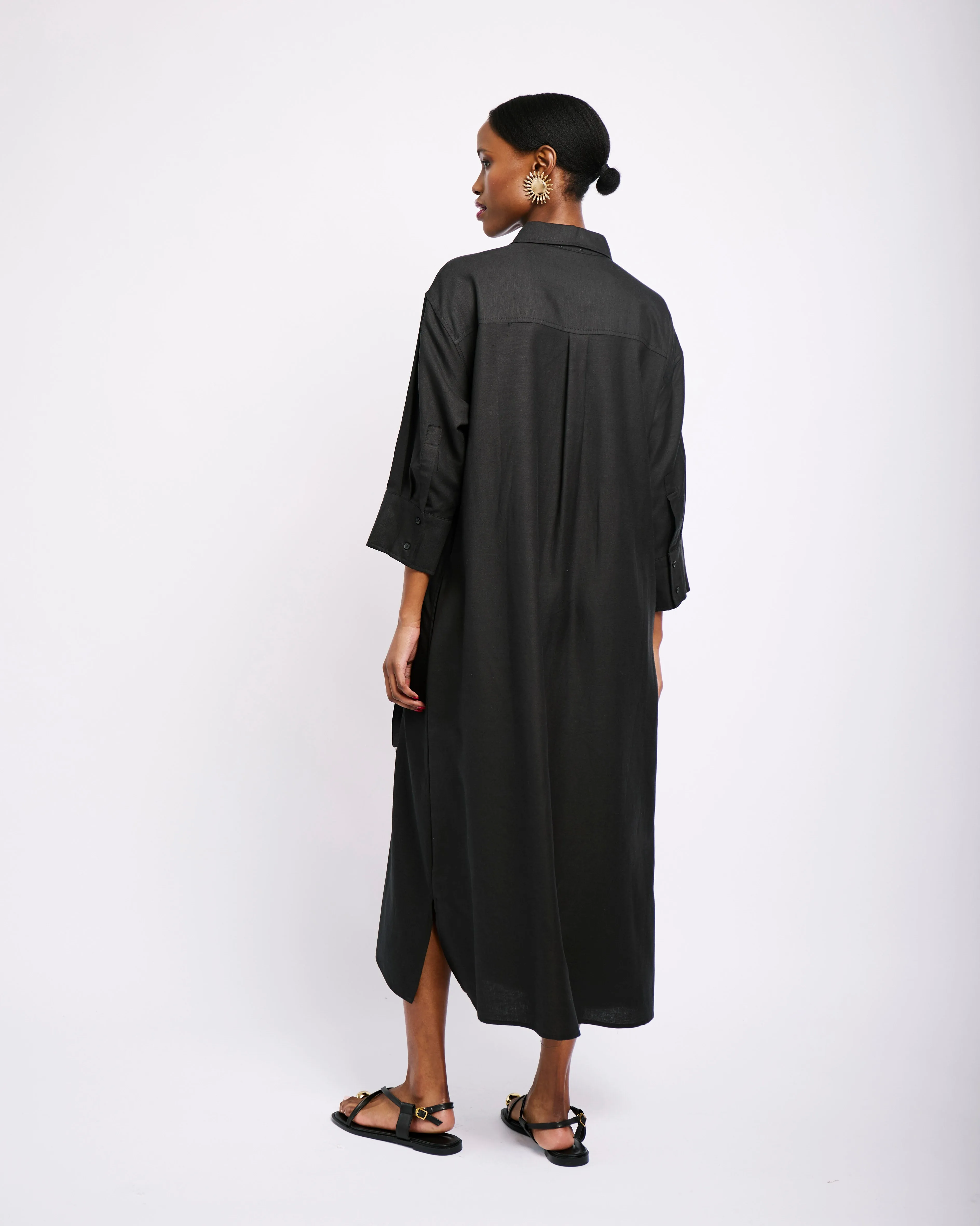 Linen Tunnel Shirt Dress in Black