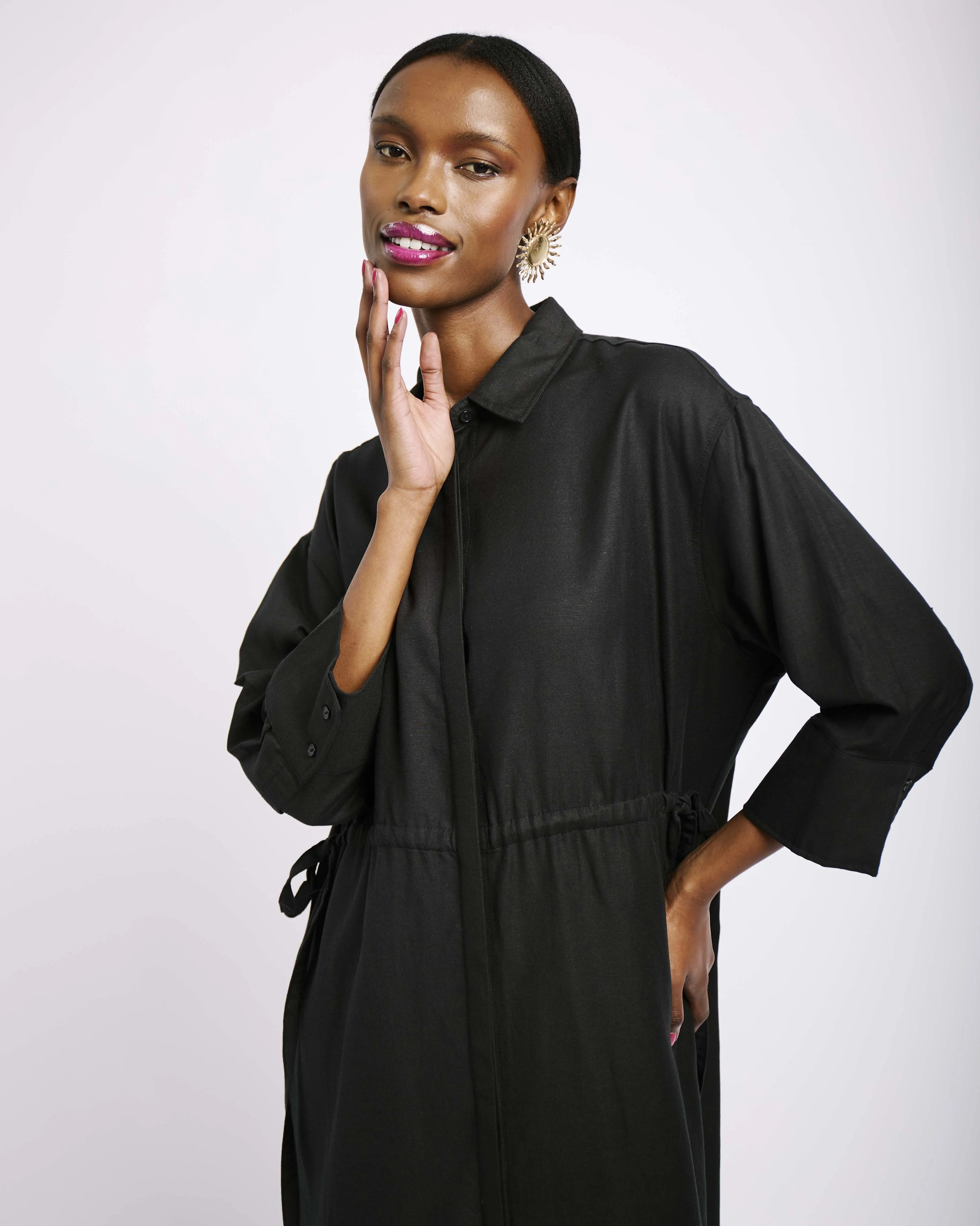 Linen Tunnel Shirt Dress in Black