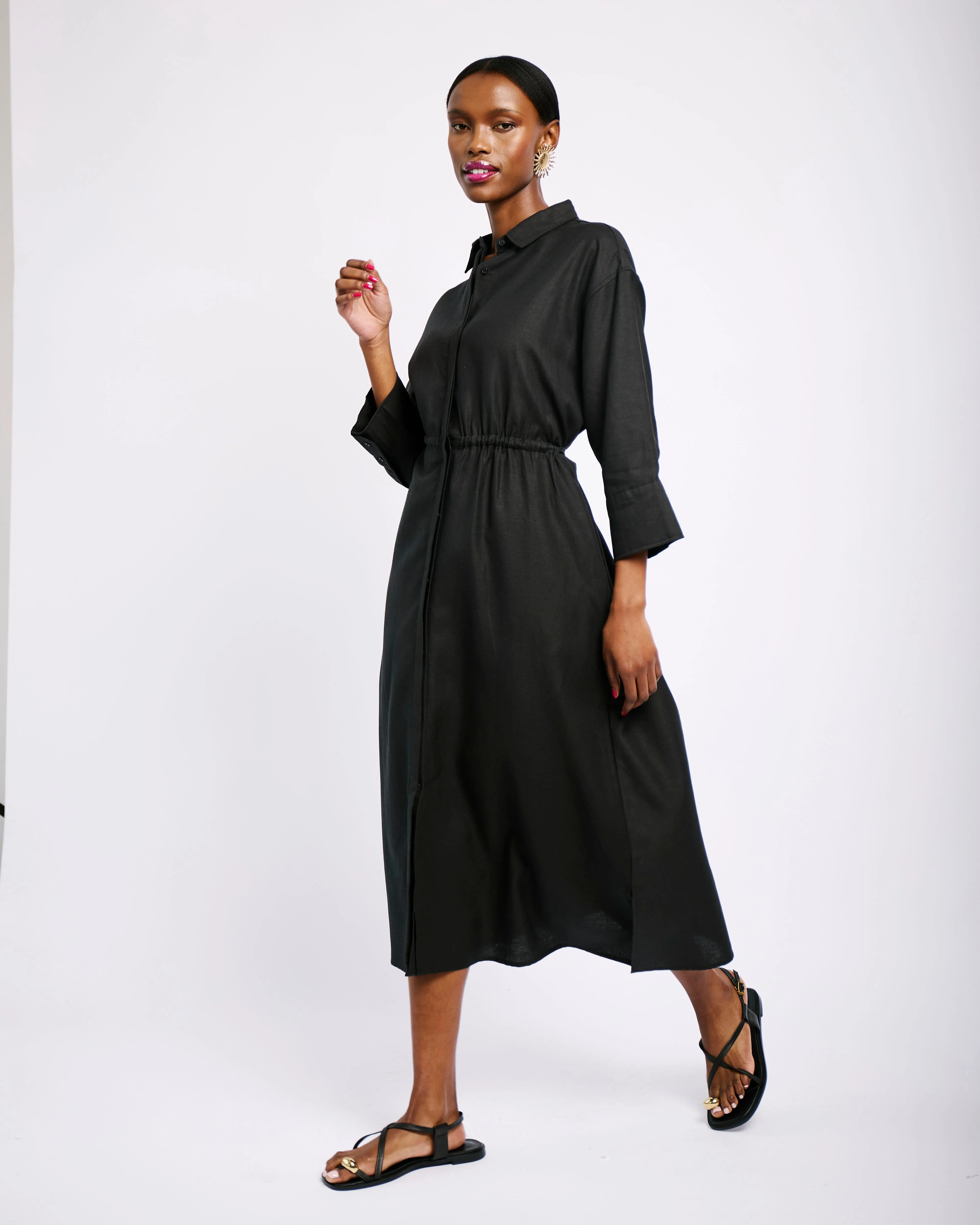 Linen Tunnel Shirt Dress in Black