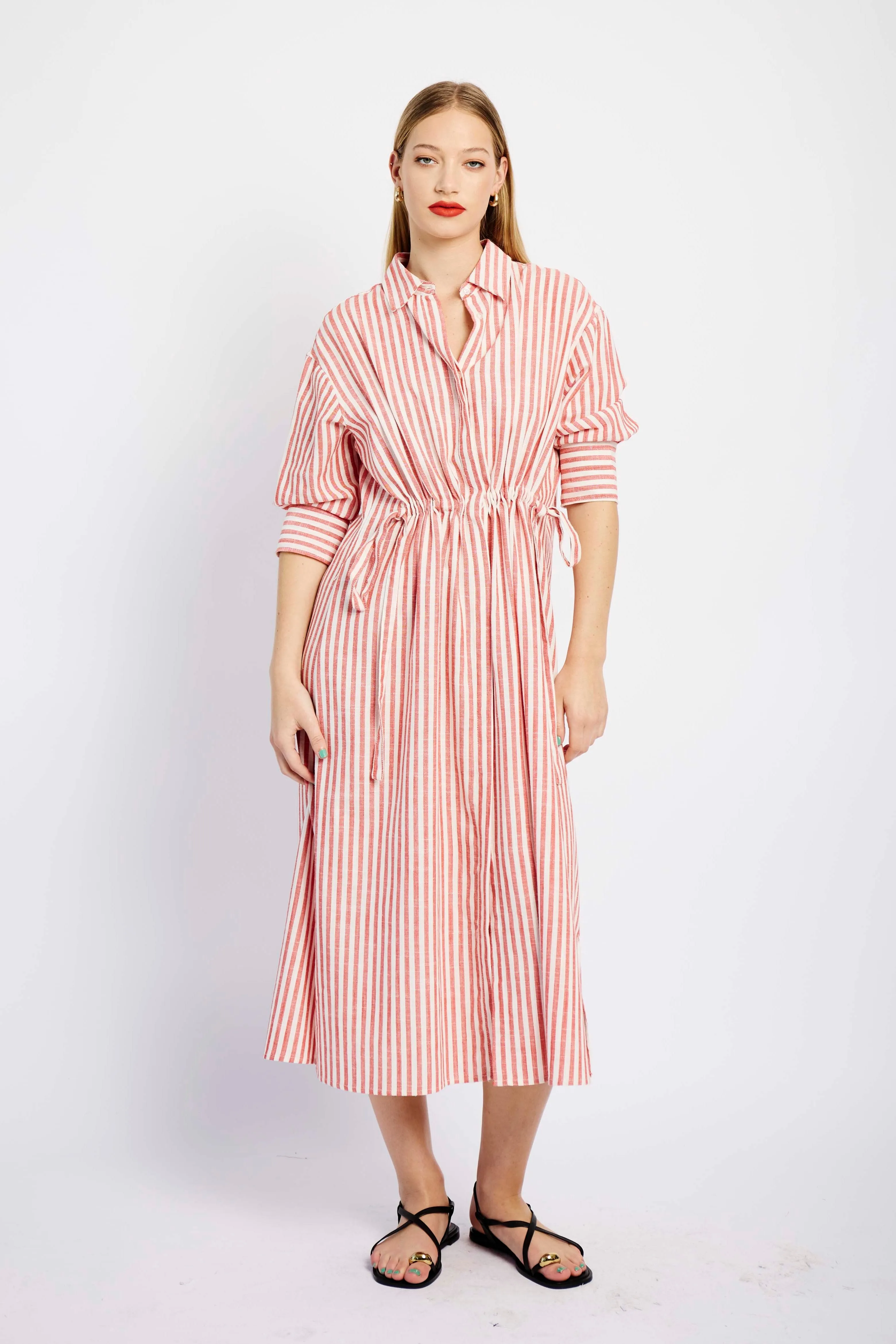 Linen Tunnel Shirt Dress in Red and White Stripe