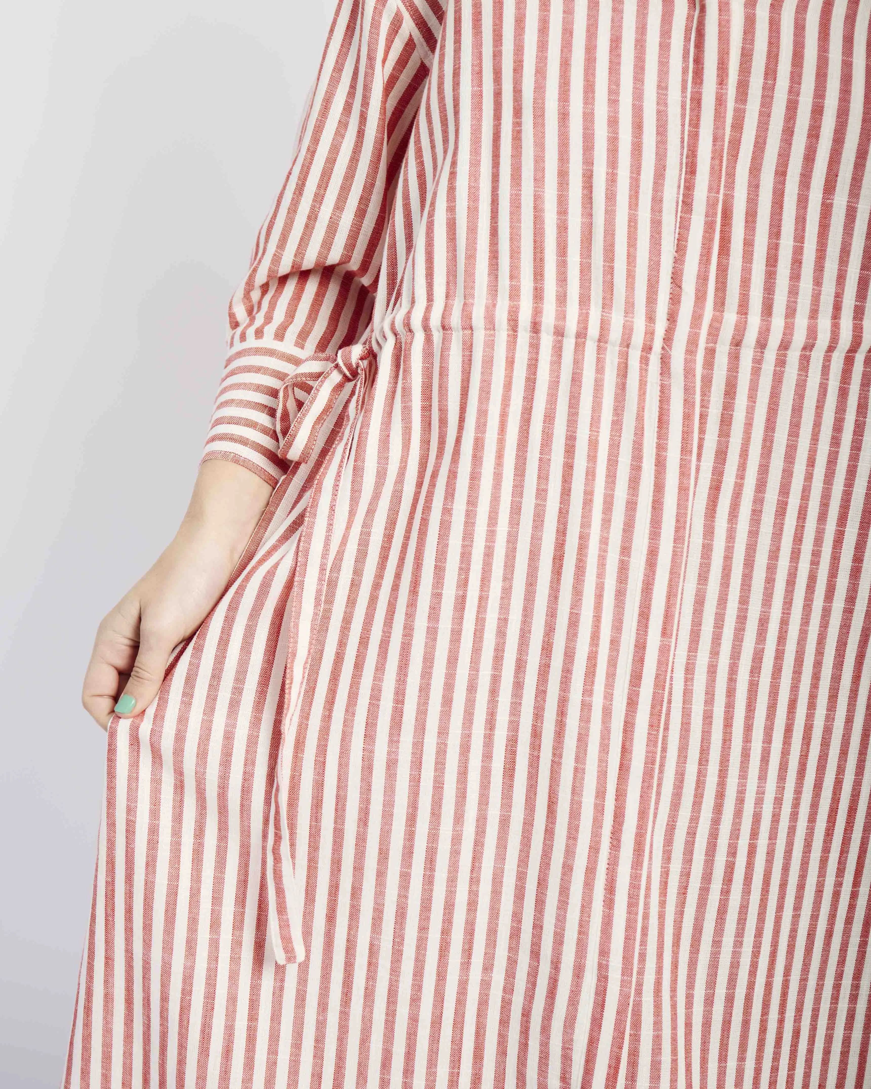 Linen Tunnel Shirt Dress in Red and White Stripe