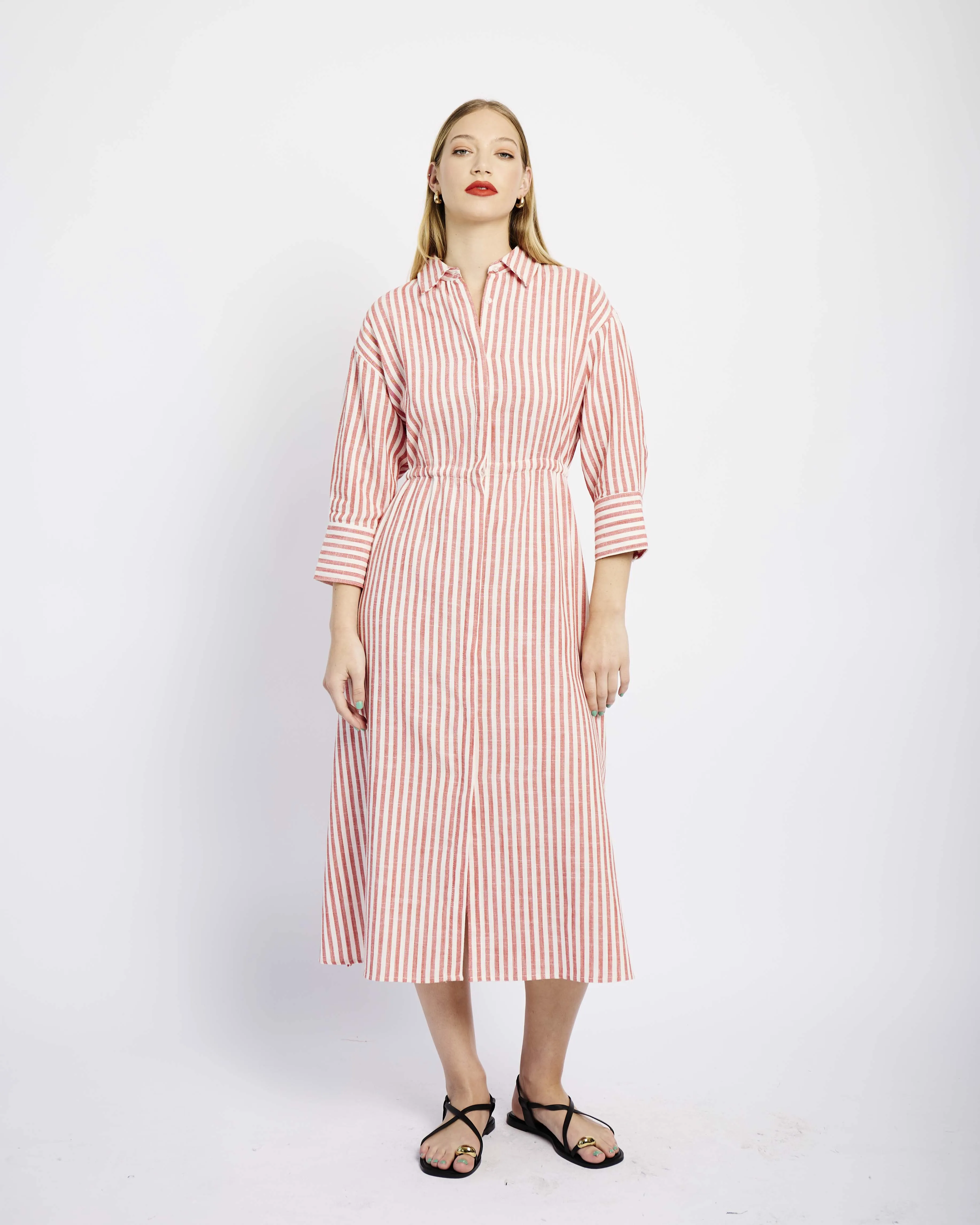 Linen Tunnel Shirt Dress in Red and White Stripe