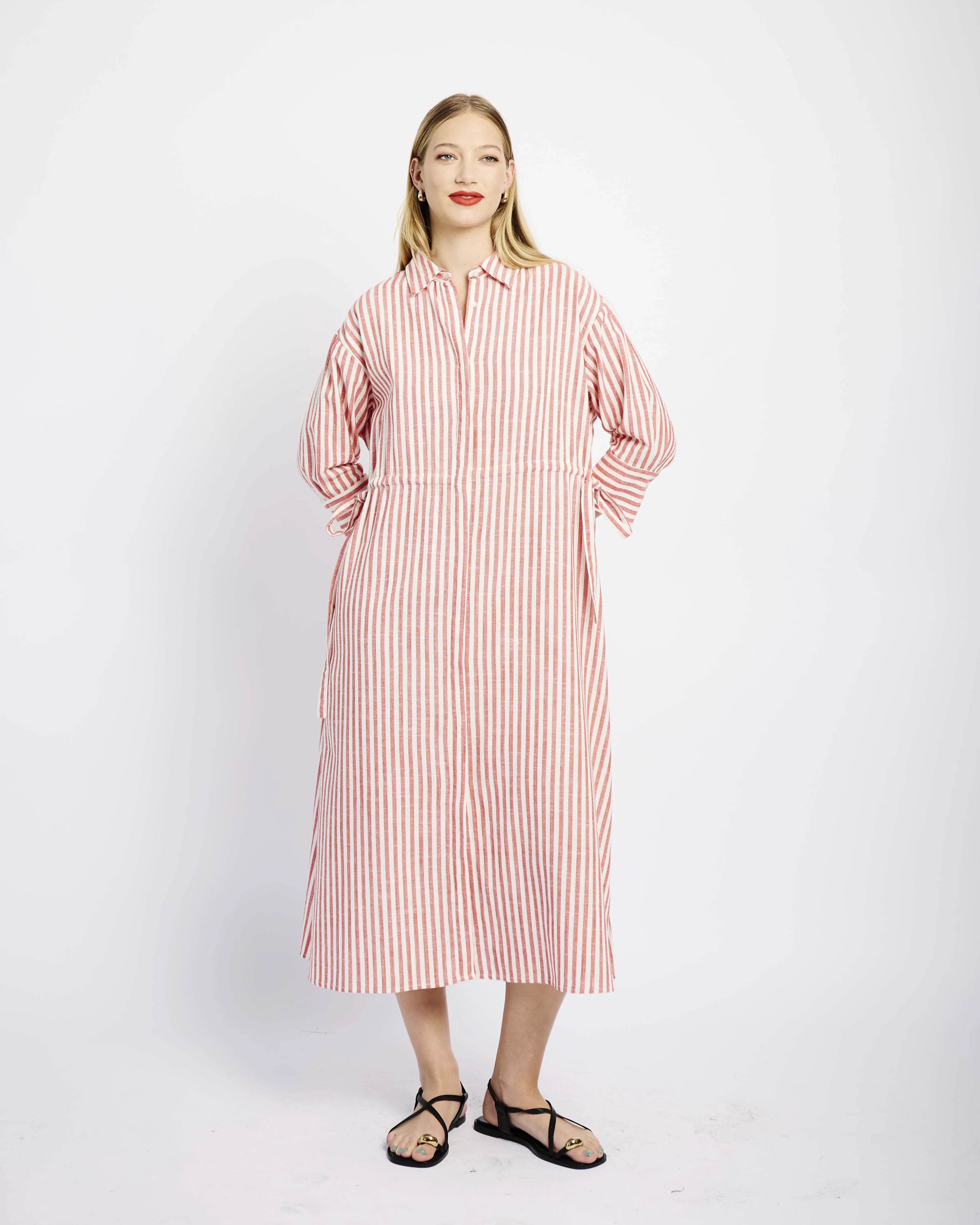 Linen Tunnel Shirt Dress in Red and White Stripe