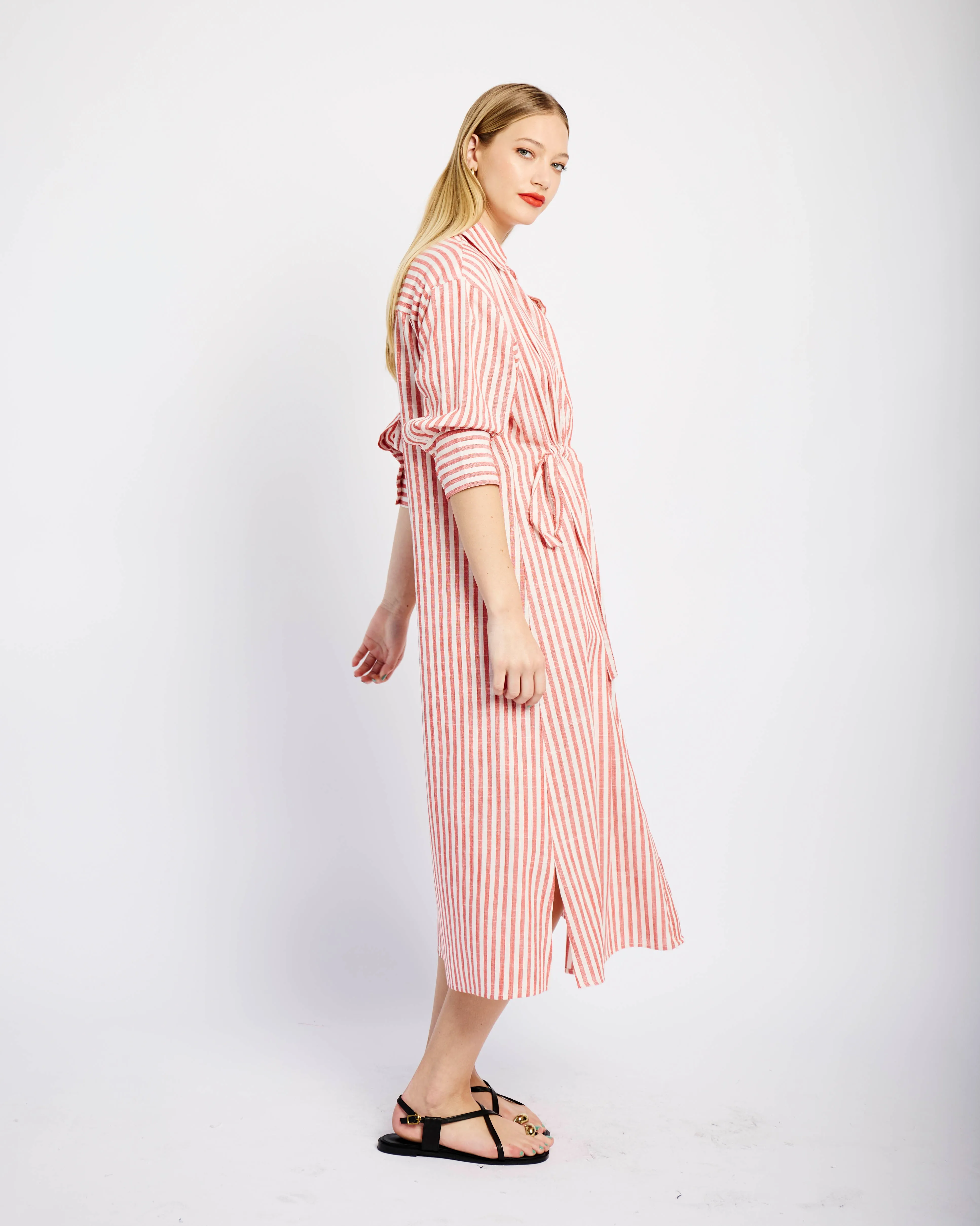 Linen Tunnel Shirt Dress in Red and White Stripe