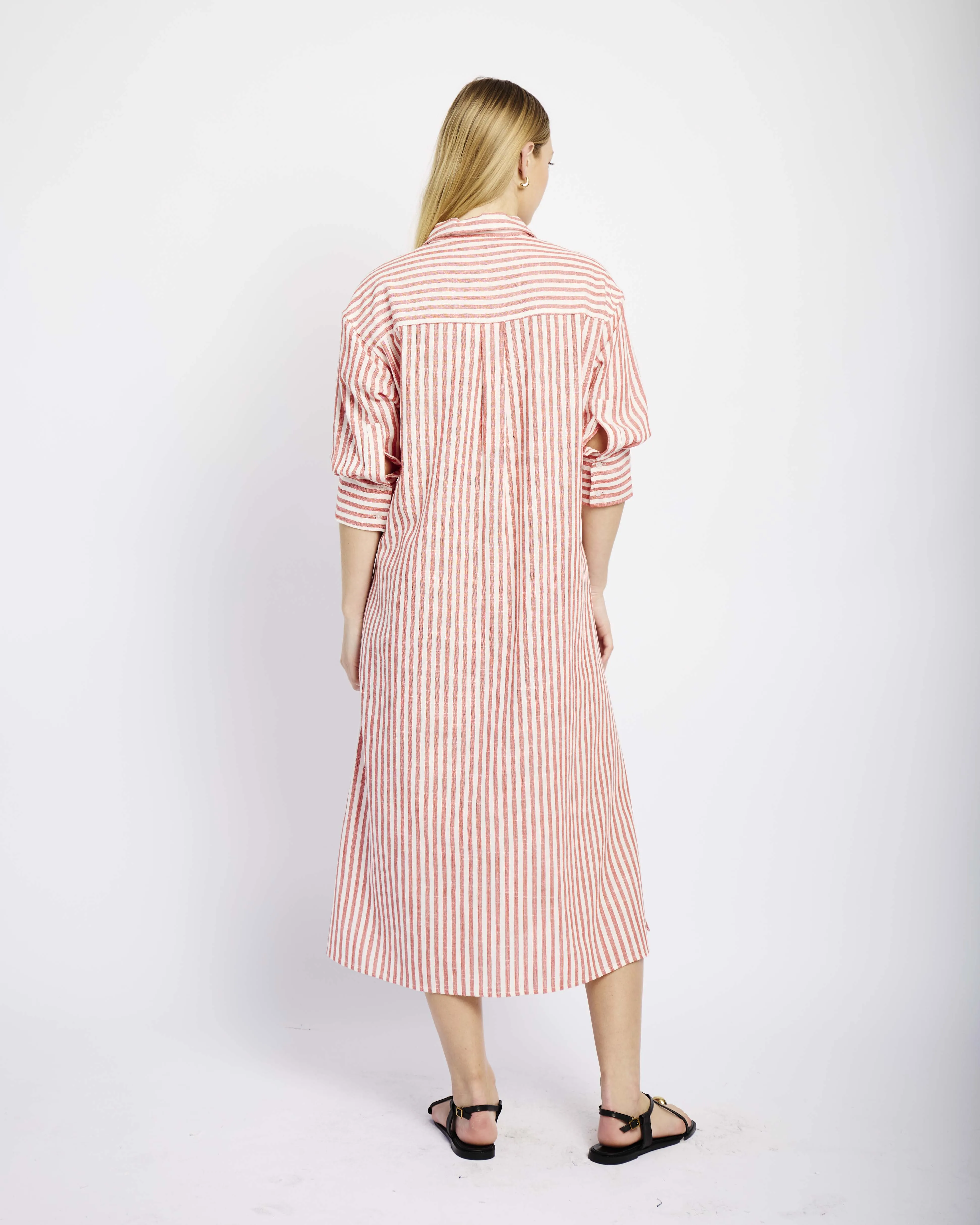 Linen Tunnel Shirt Dress in Red and White Stripe