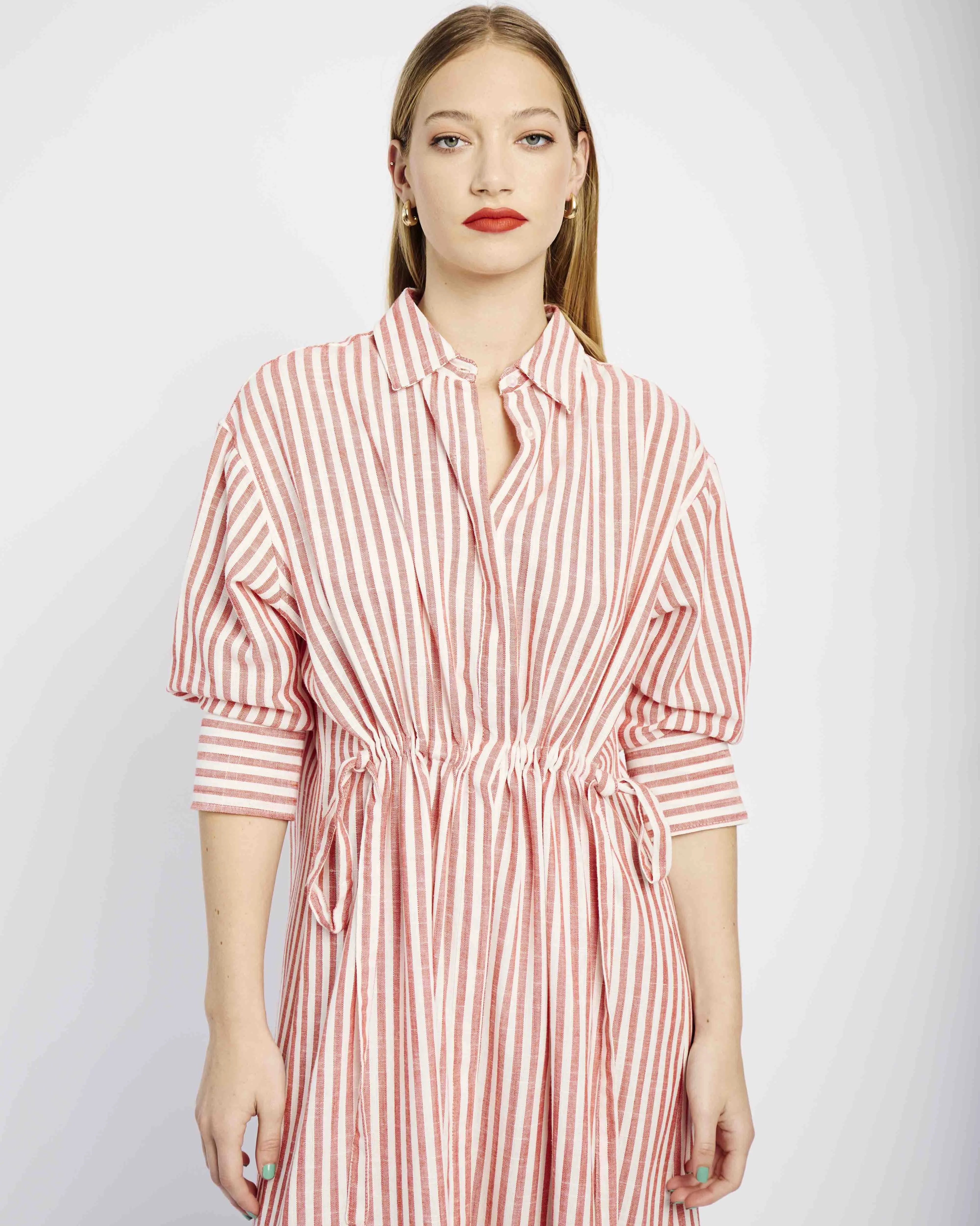 Linen Tunnel Shirt Dress in Red and White Stripe