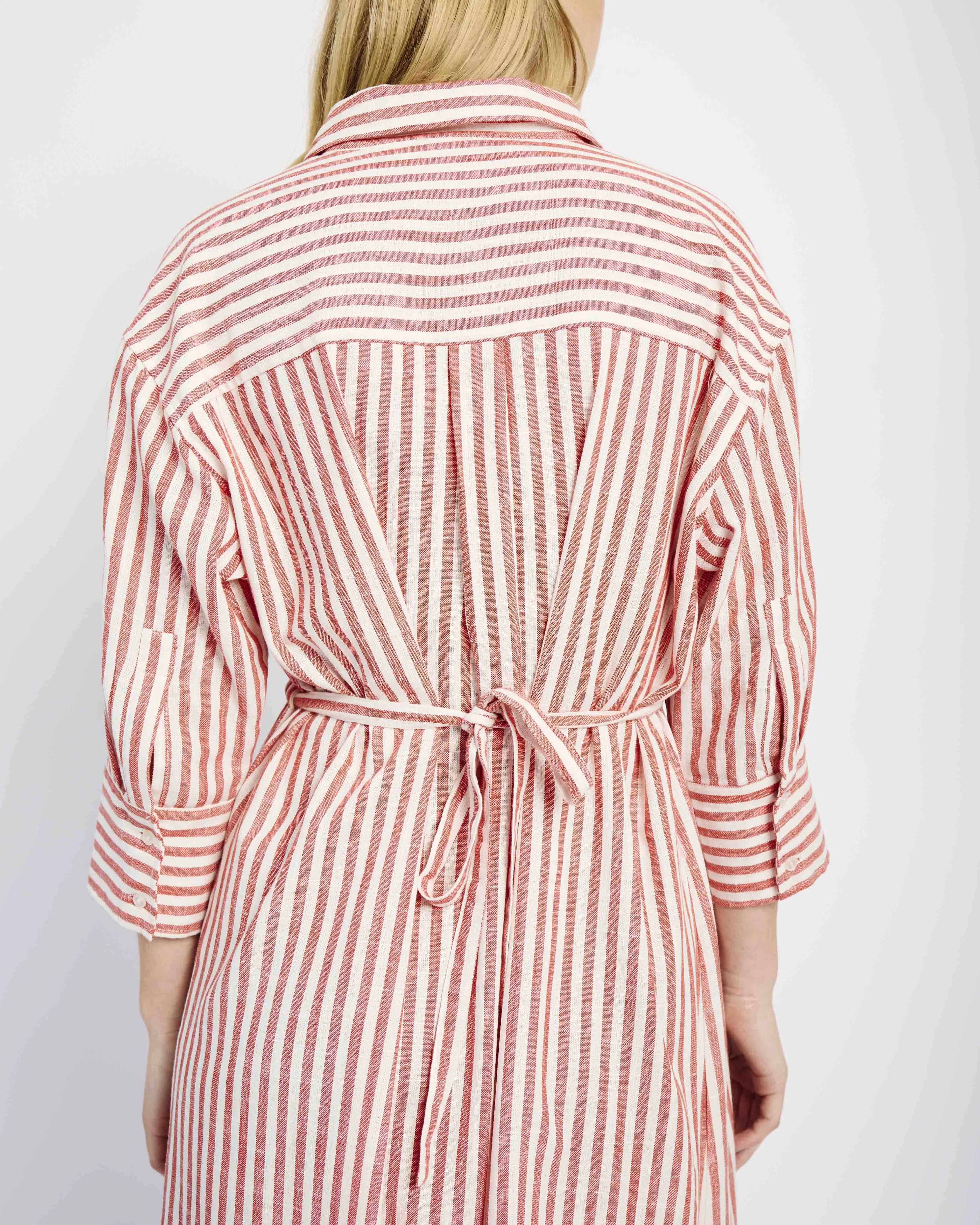 Linen Tunnel Shirt Dress in Red and White Stripe