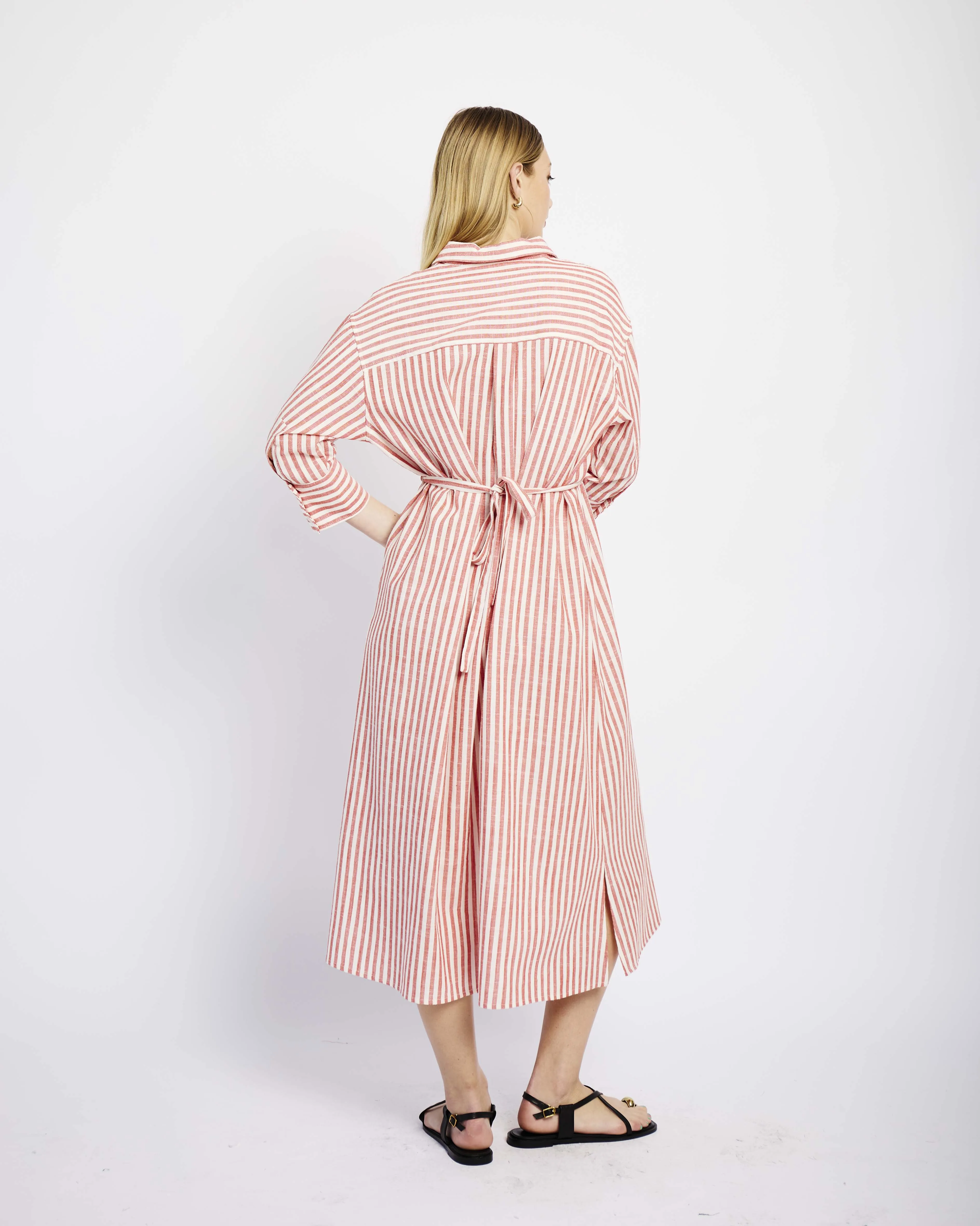 Linen Tunnel Shirt Dress in Red and White Stripe