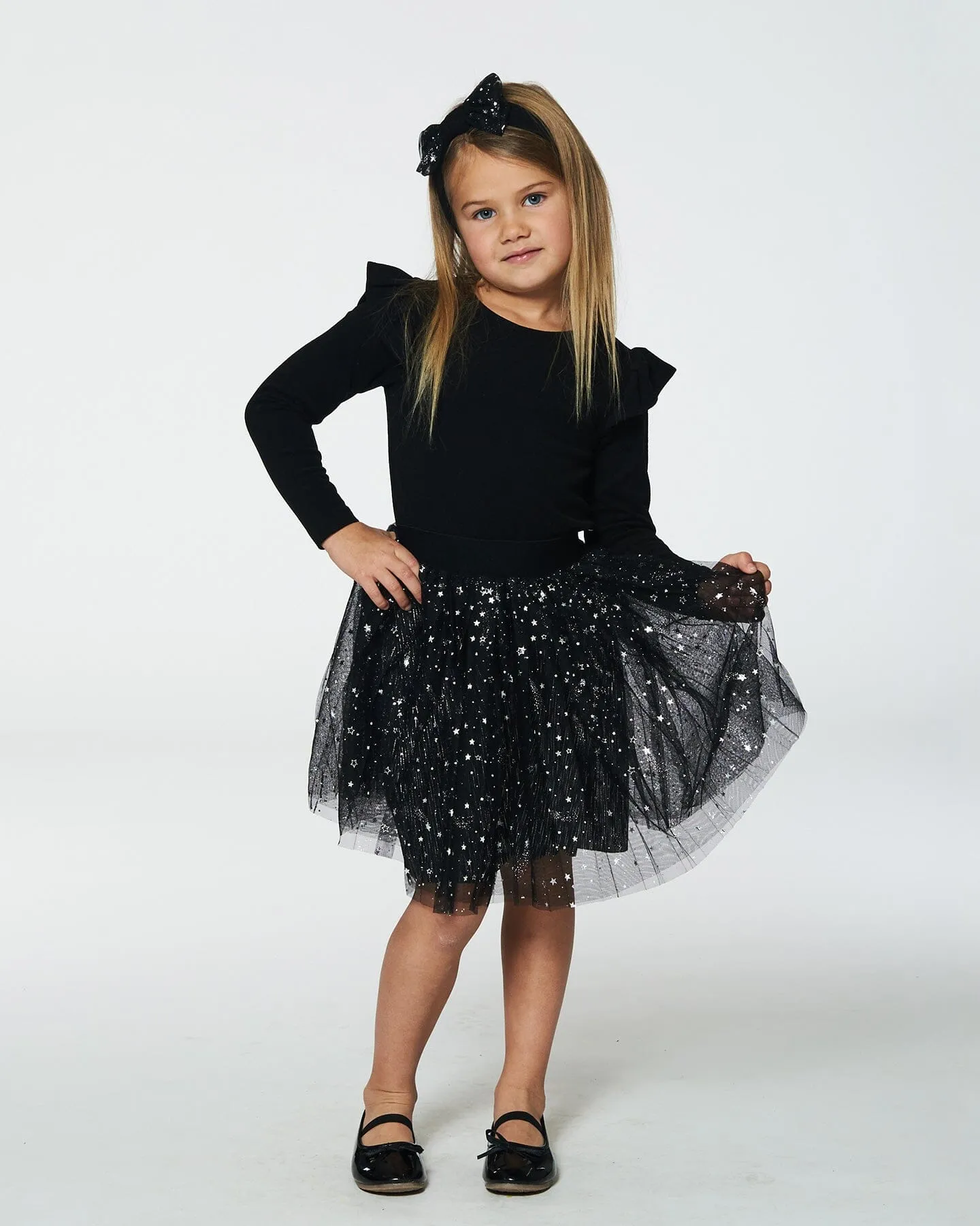 Long Sleeve Dress With Glittering Tulle Skirt Black