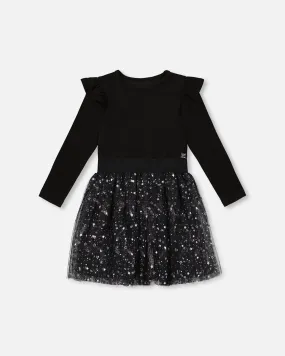 Long Sleeve Dress With Glittering Tulle Skirt Black