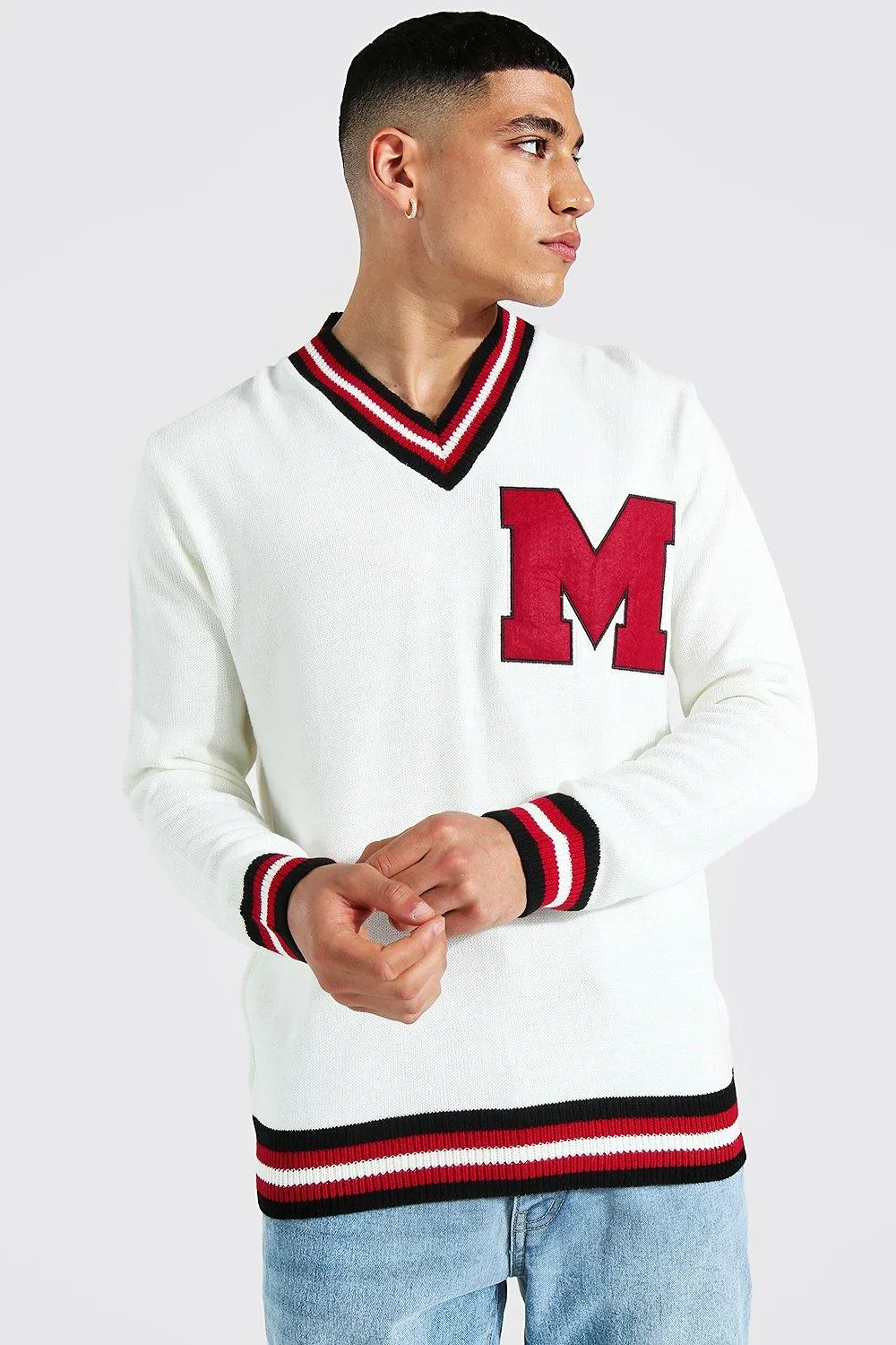 M Towelling Badge Varsity V Neck Sweater