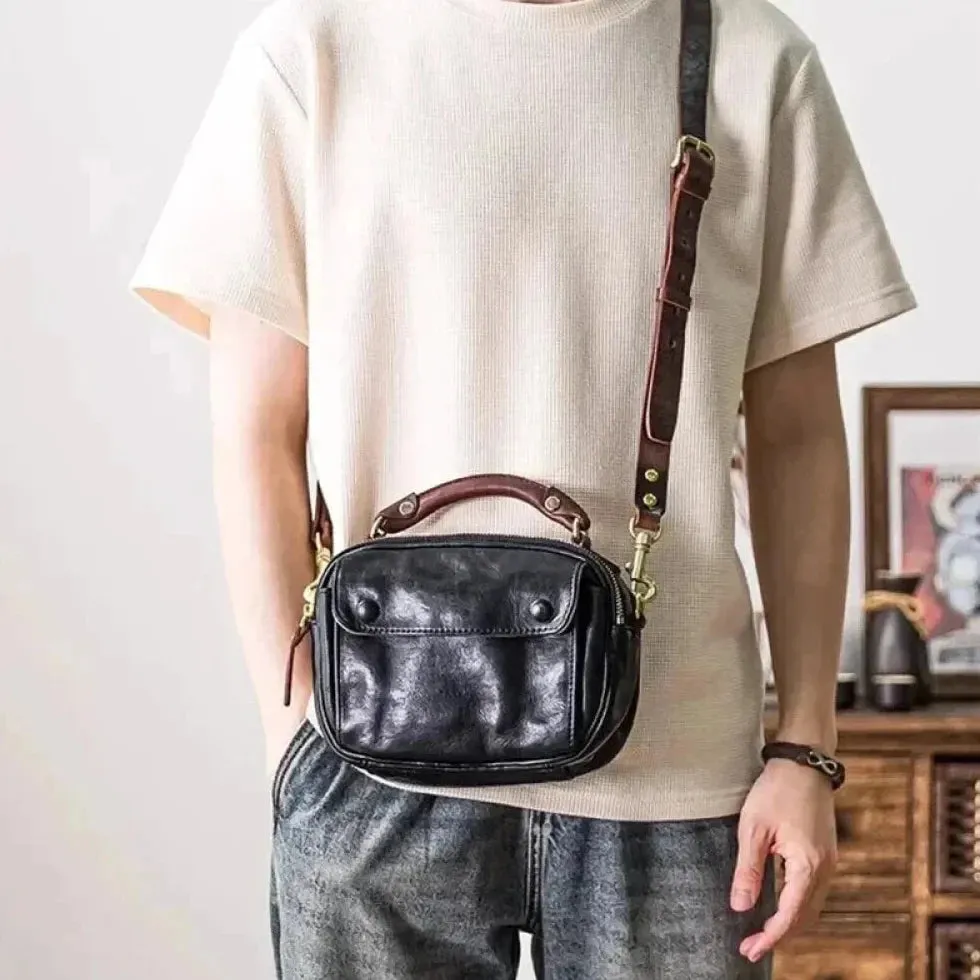 Men's Luxury Handmade Genuine Leather Small Shoulder Crossbody Messenger bag