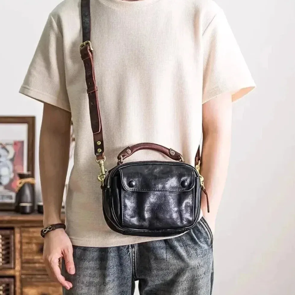 Men's Luxury Handmade Genuine Leather Small Shoulder Crossbody Messenger bag