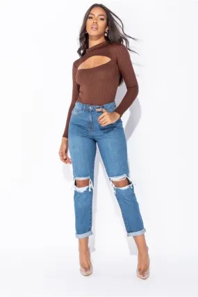 Mid Blue Distressed Turn Up Hem Boyfriend Jean