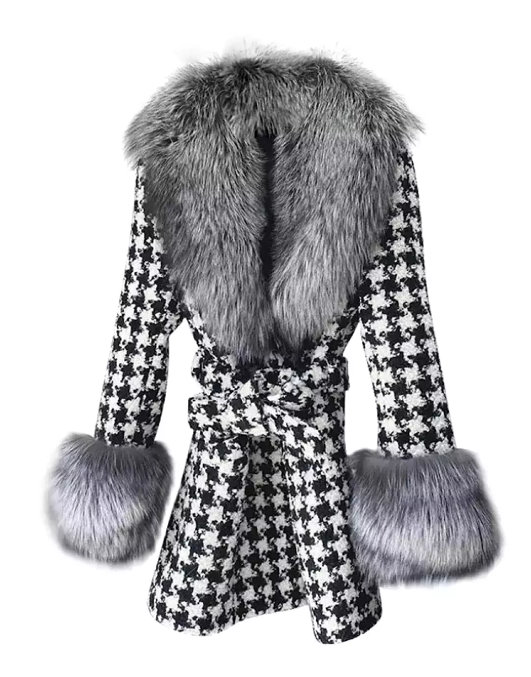 Midi Length Houndstooth Black Fox Fur Trim Belted Wool Jacket