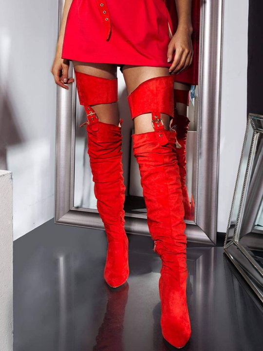 Mustard Red Suede Belt Thigh High Boots