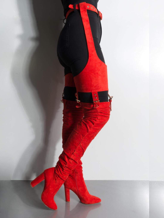 Mustard Red Suede Belt Thigh High Boots