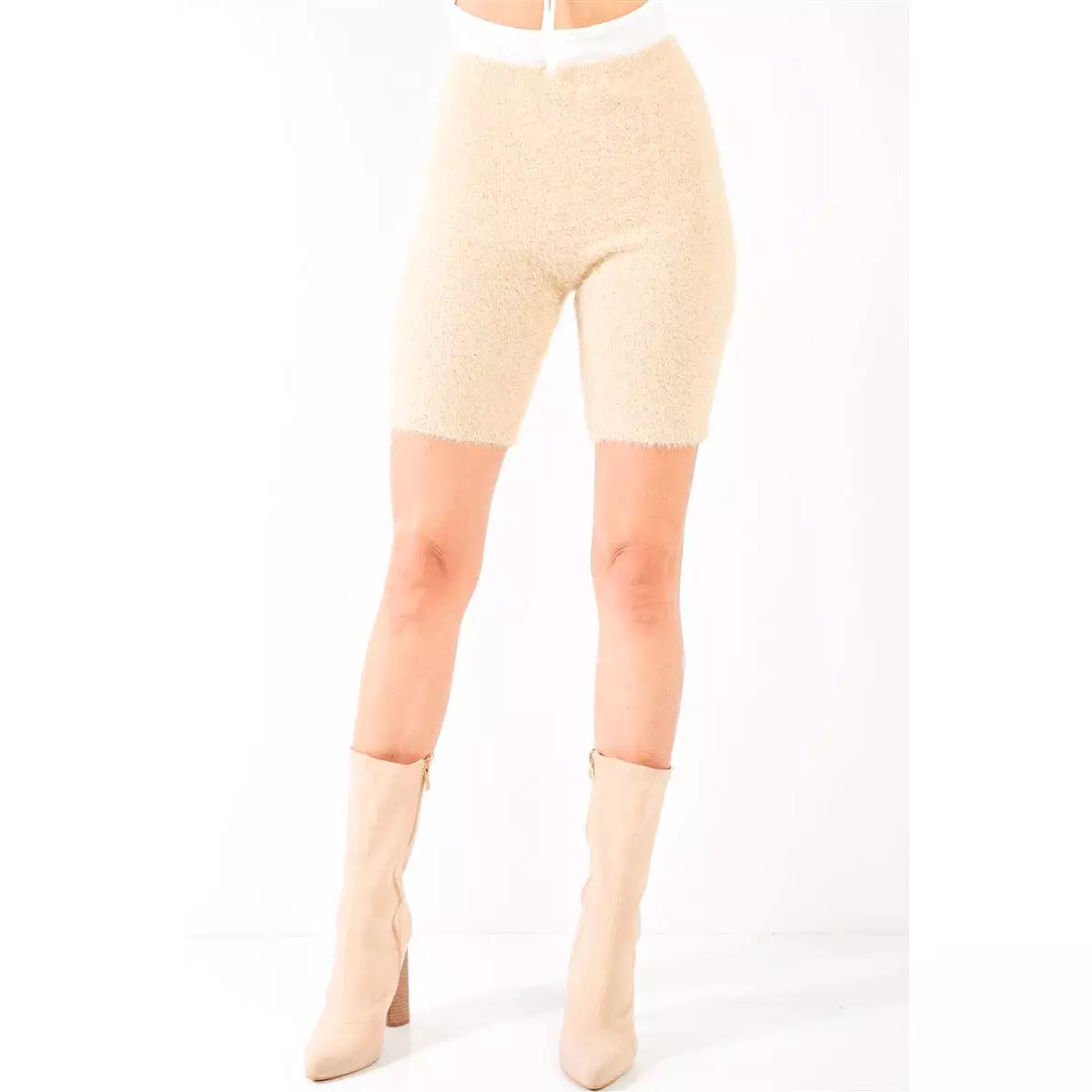 Oatmeal Beige Knit High Waist Stretchy Warm Fuzzy Biker Shorts