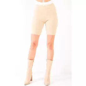 Oatmeal Beige Knit High Waist Stretchy Warm Fuzzy Biker Shorts