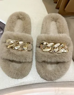 One Band Gold Chain Fur Slippers - Khaki