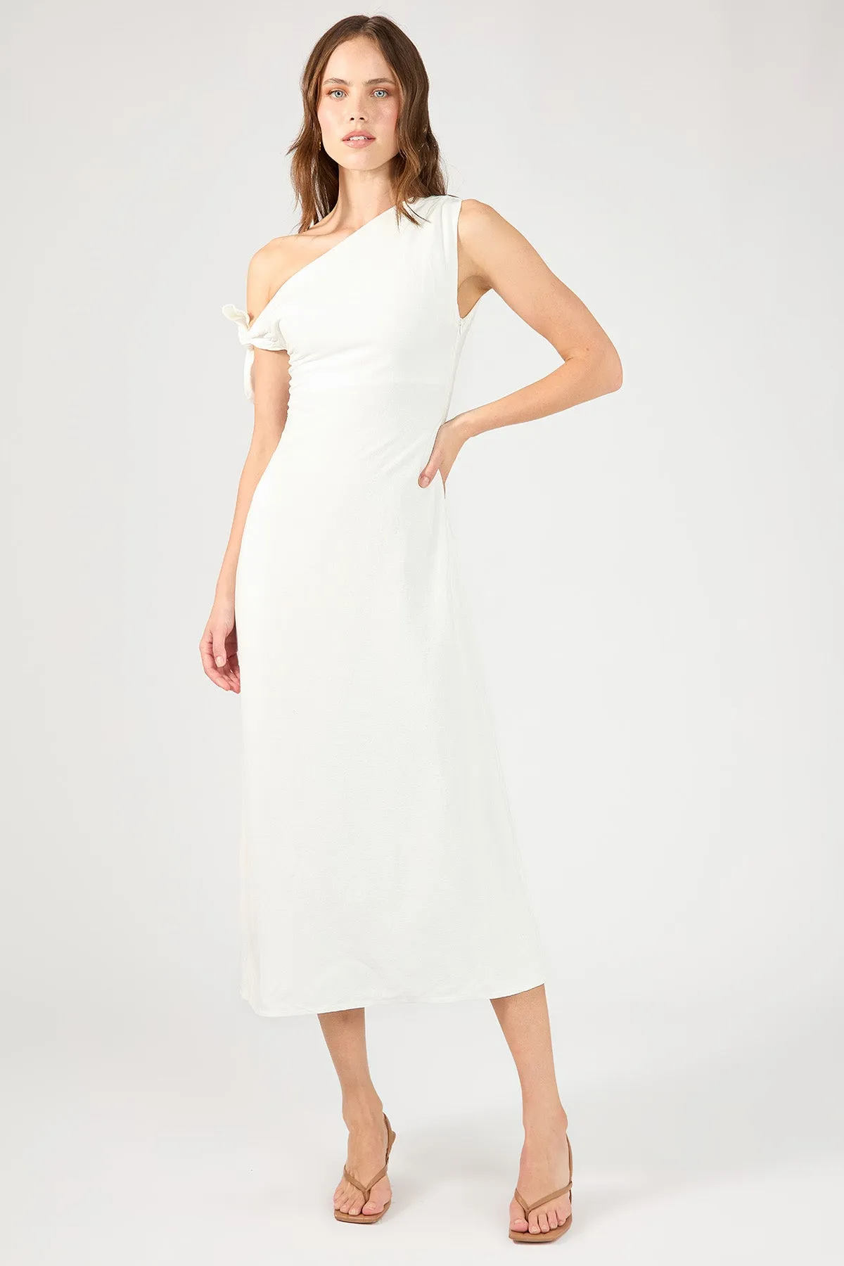 Perfect Stranger Hera Off Shoulder Linen Midi Dress White