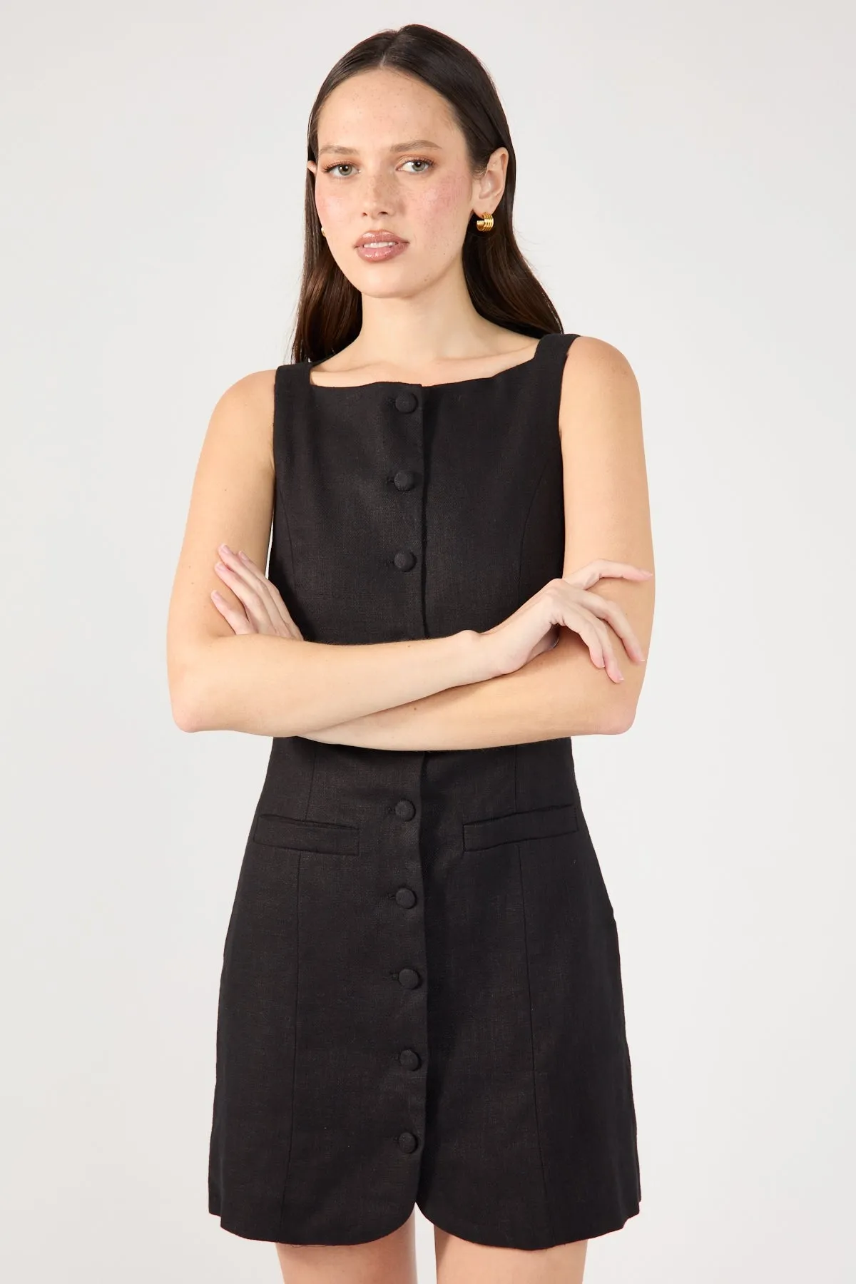 Perfect Stranger High Neck Button Up Linen Mini Dress Black