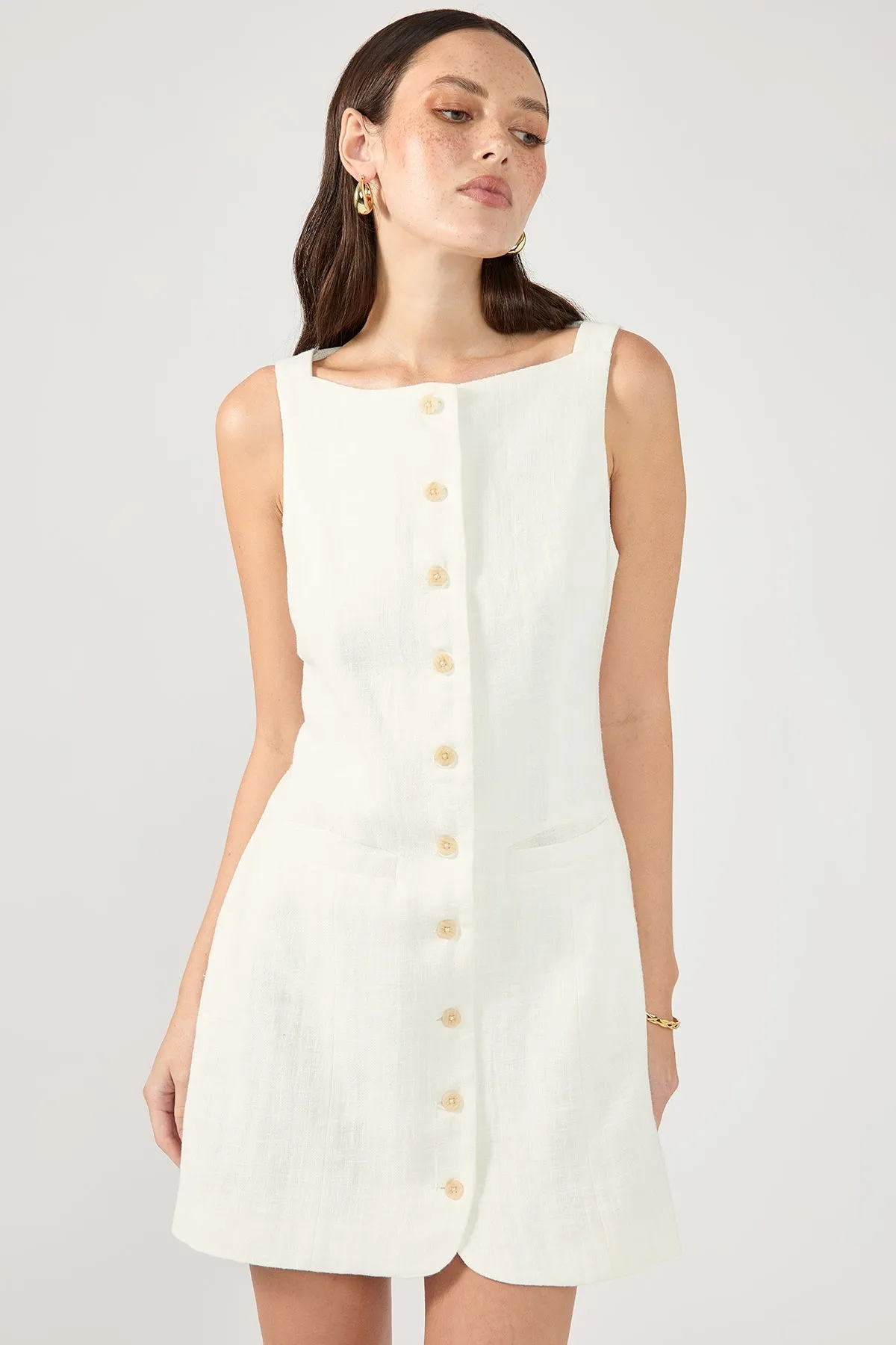 Perfect Stranger High Neck Button Up Linen Mini Dress White