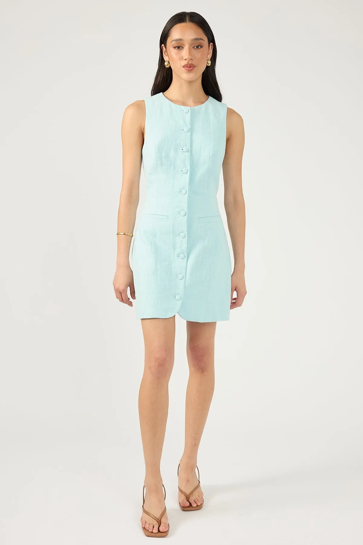 Perfect Stranger Menorca High Neck Linen Mini Dress Blue