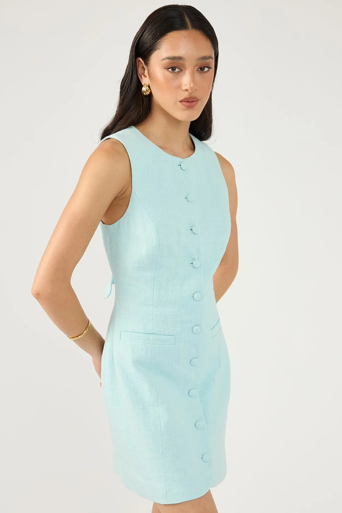 Perfect Stranger Menorca High Neck Linen Mini Dress Blue