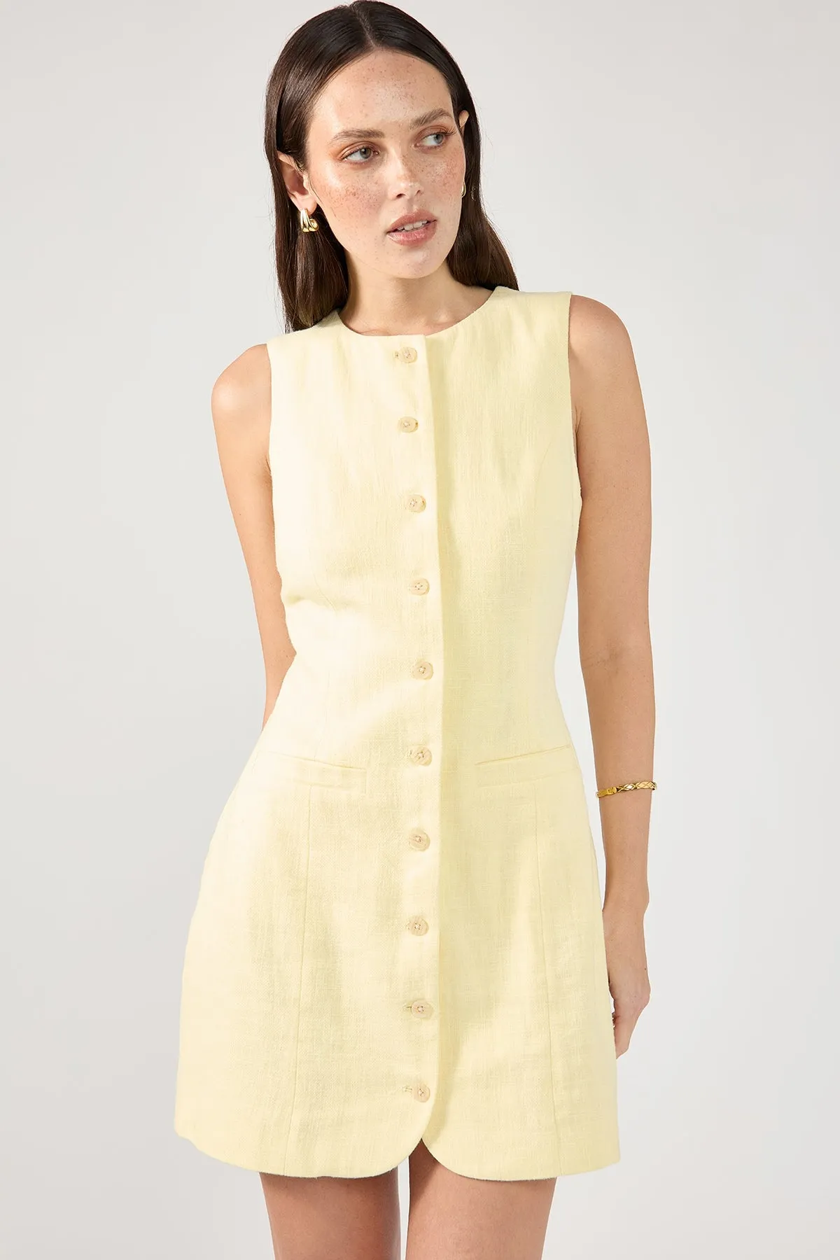 Perfect Stranger Menorca High Neck Linen Mini Dress Lemon