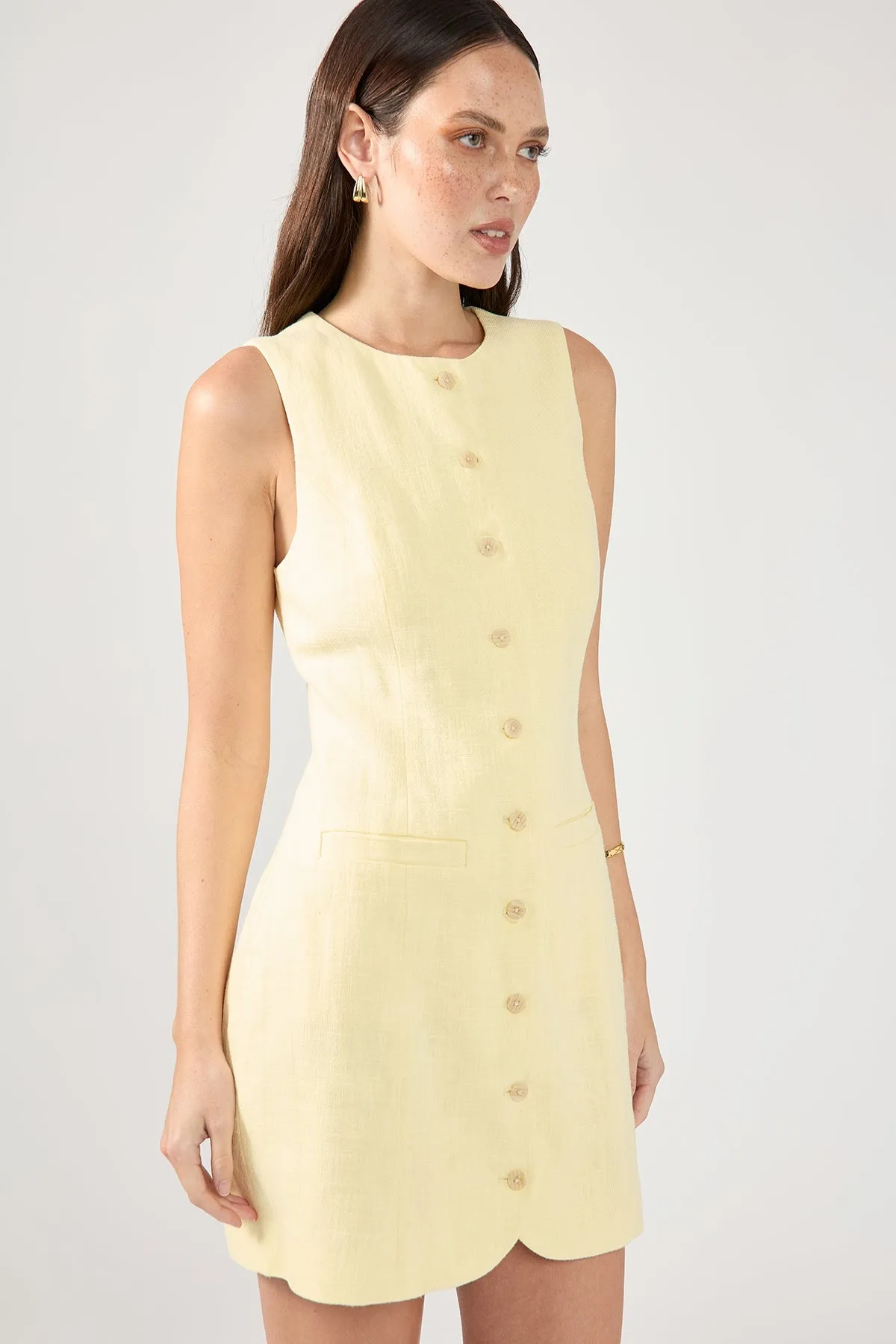 Perfect Stranger Menorca High Neck Linen Mini Dress Lemon