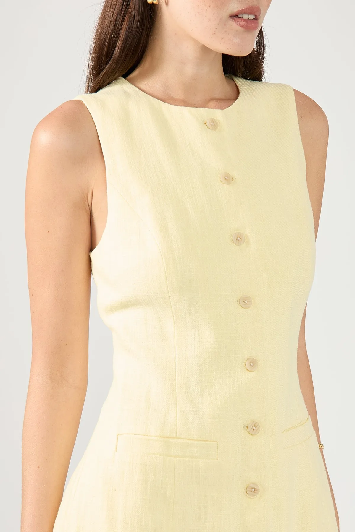 Perfect Stranger Menorca High Neck Linen Mini Dress Lemon