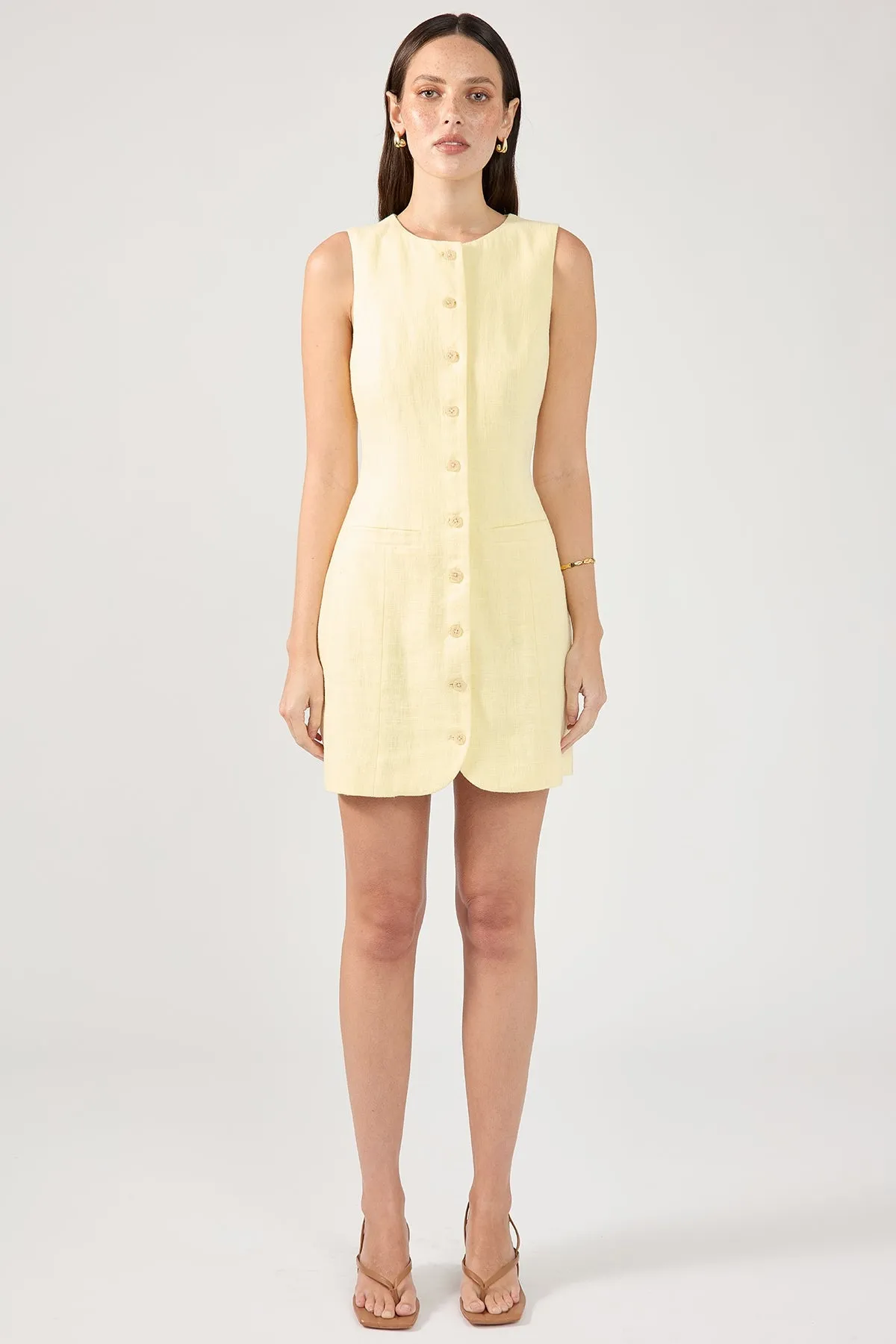 Perfect Stranger Menorca High Neck Linen Mini Dress Lemon